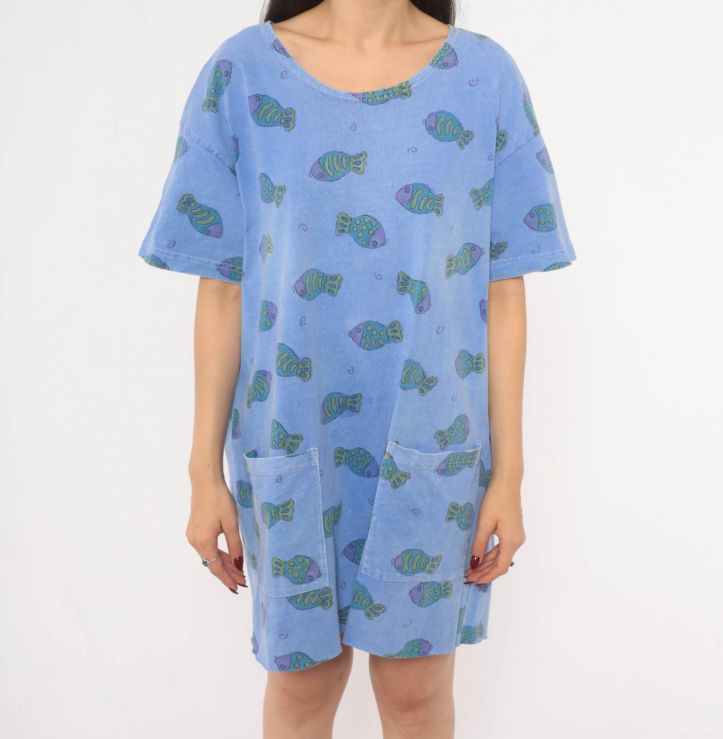 Fresh Produce Fish Print Tunic Dress Periwinkle Cotton Scoop Neck Small
