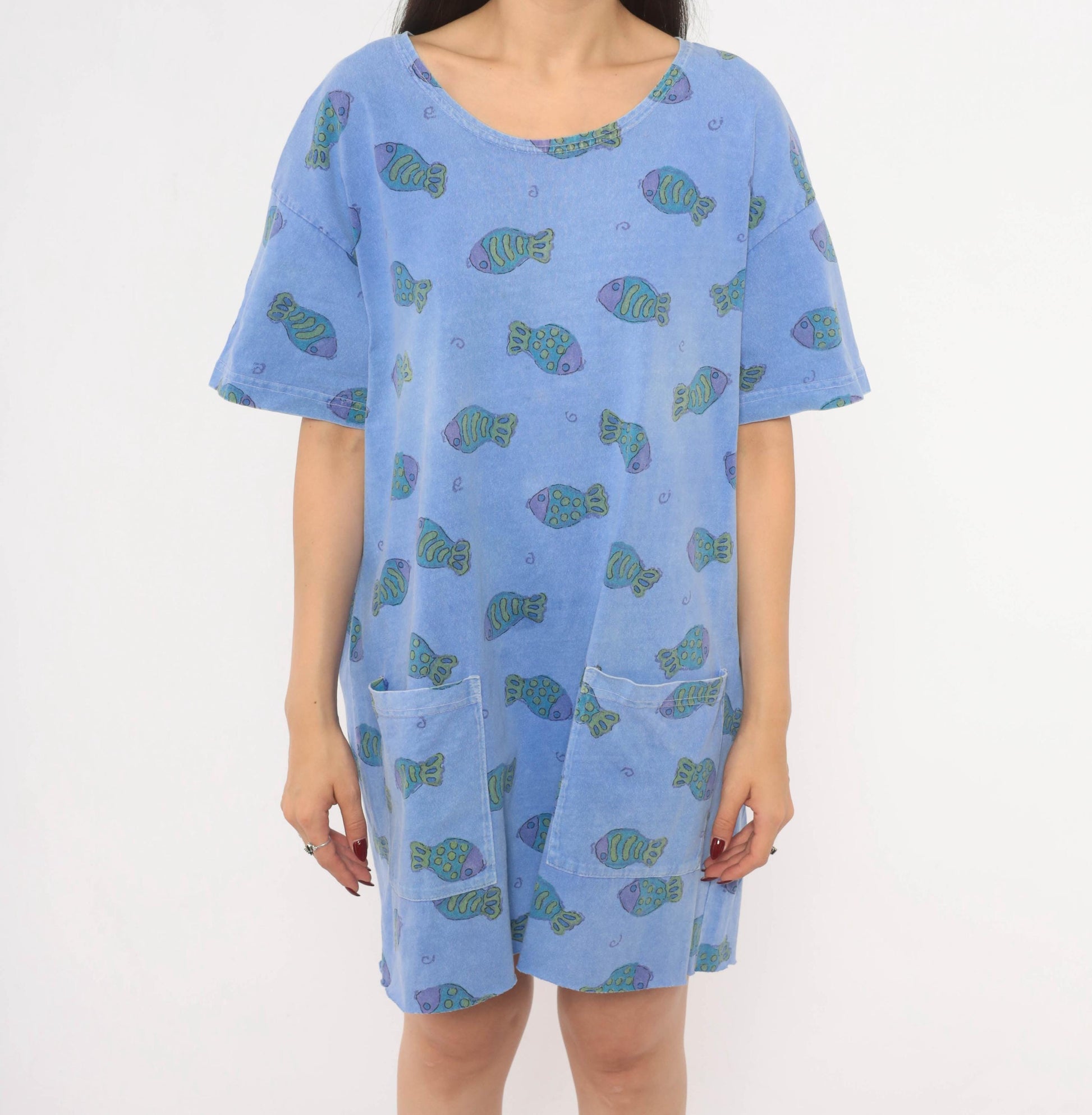 Fresh Produce Fish Print Tunic Dress Periwinkle Cotton Scoop Neck Small