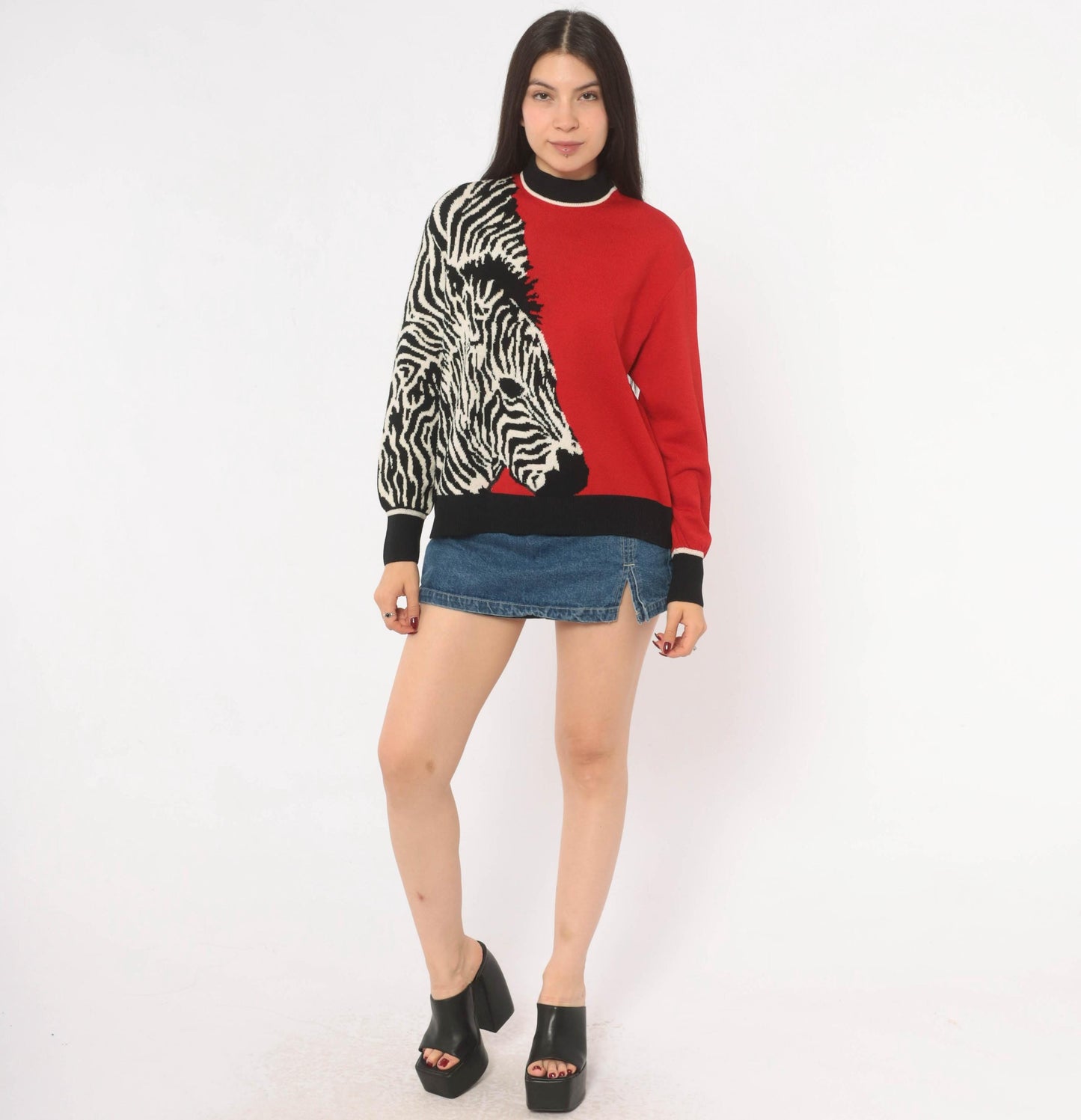 80s St. John Zebra Knit Pullover Red Black Color Block Wool Blend Medium M