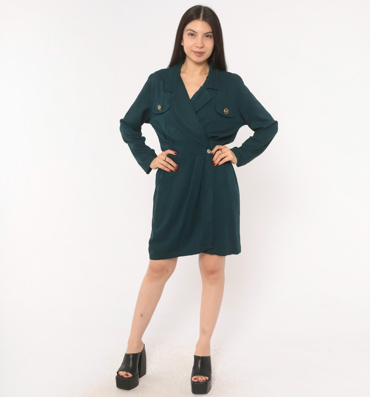 90s Deborah Teal Wrap Dress Gold Button Notched Collar Knee Length Small