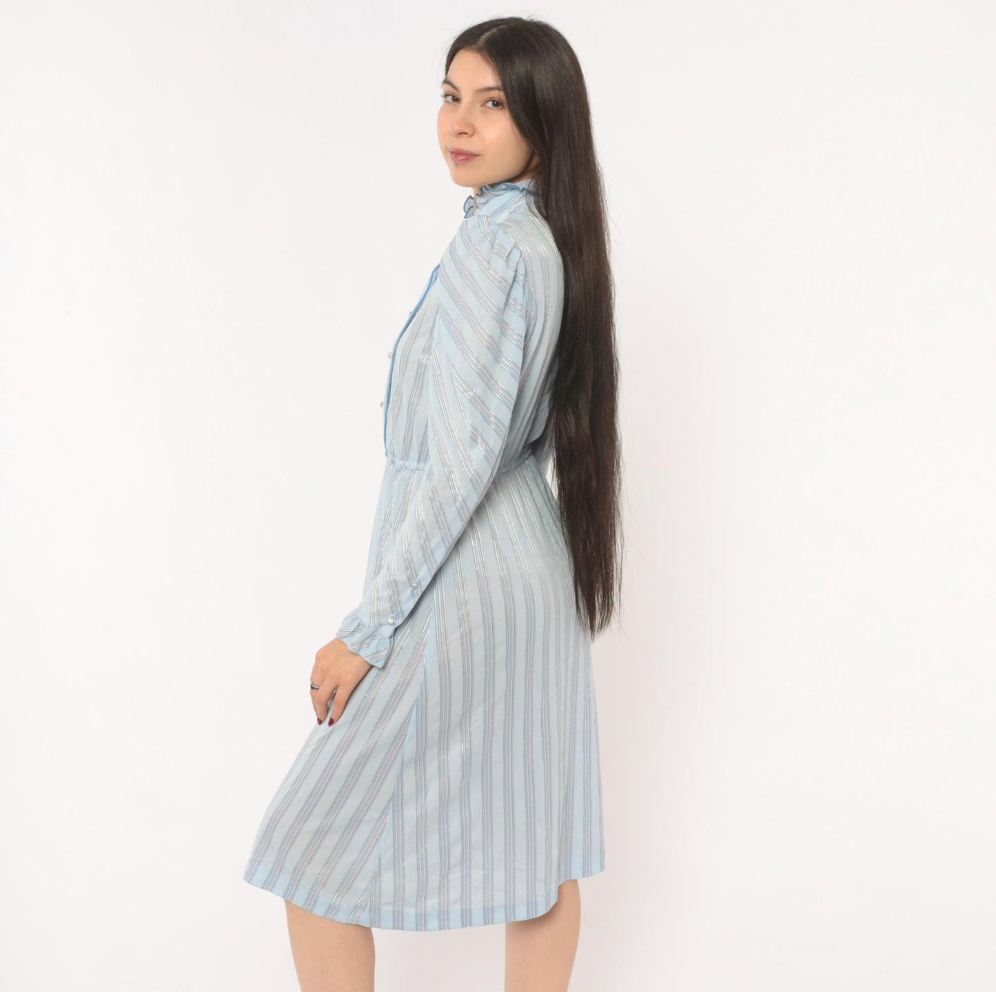 80s Jerri Gee Striped Puff Sleeve Dress Pearl Buttons Ruffled Collar Sky Blue Small