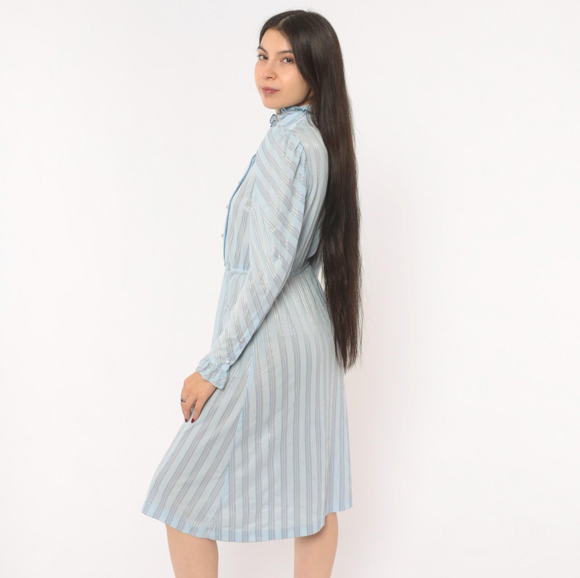 80s Jerri Gee Striped Puff Sleeve Dress Pearl Buttons Ruffled Collar Sky Blue Small