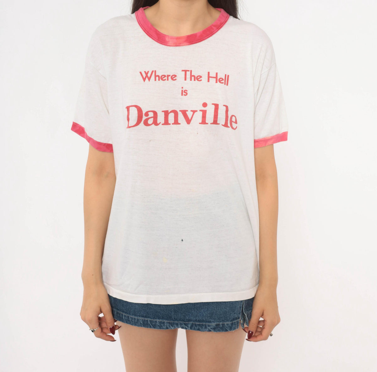80s Where The Hell Is Danville Ringer Tee White Pink Cotton Graphic Medium
