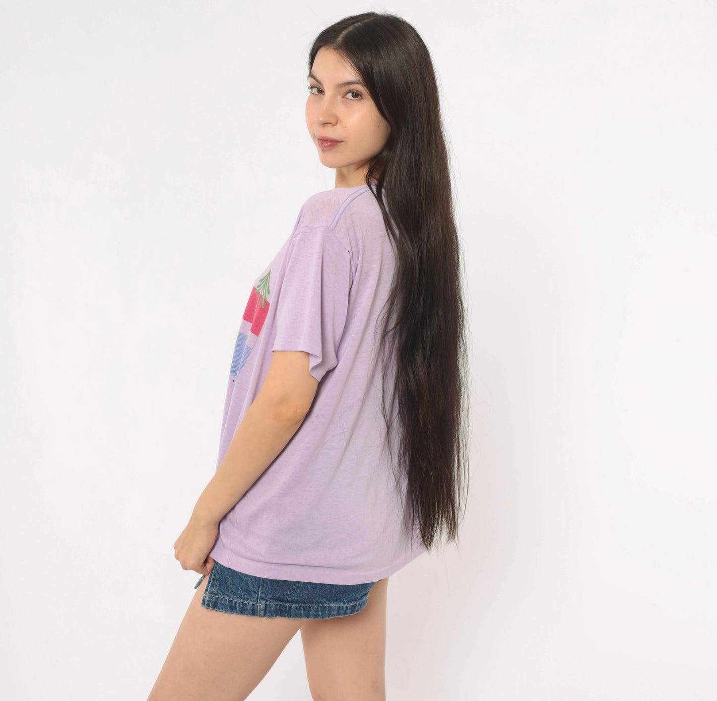 80s Hunting Island Graphic Tee Lilac Purple Sunset Beach Cotton Extra Large XL