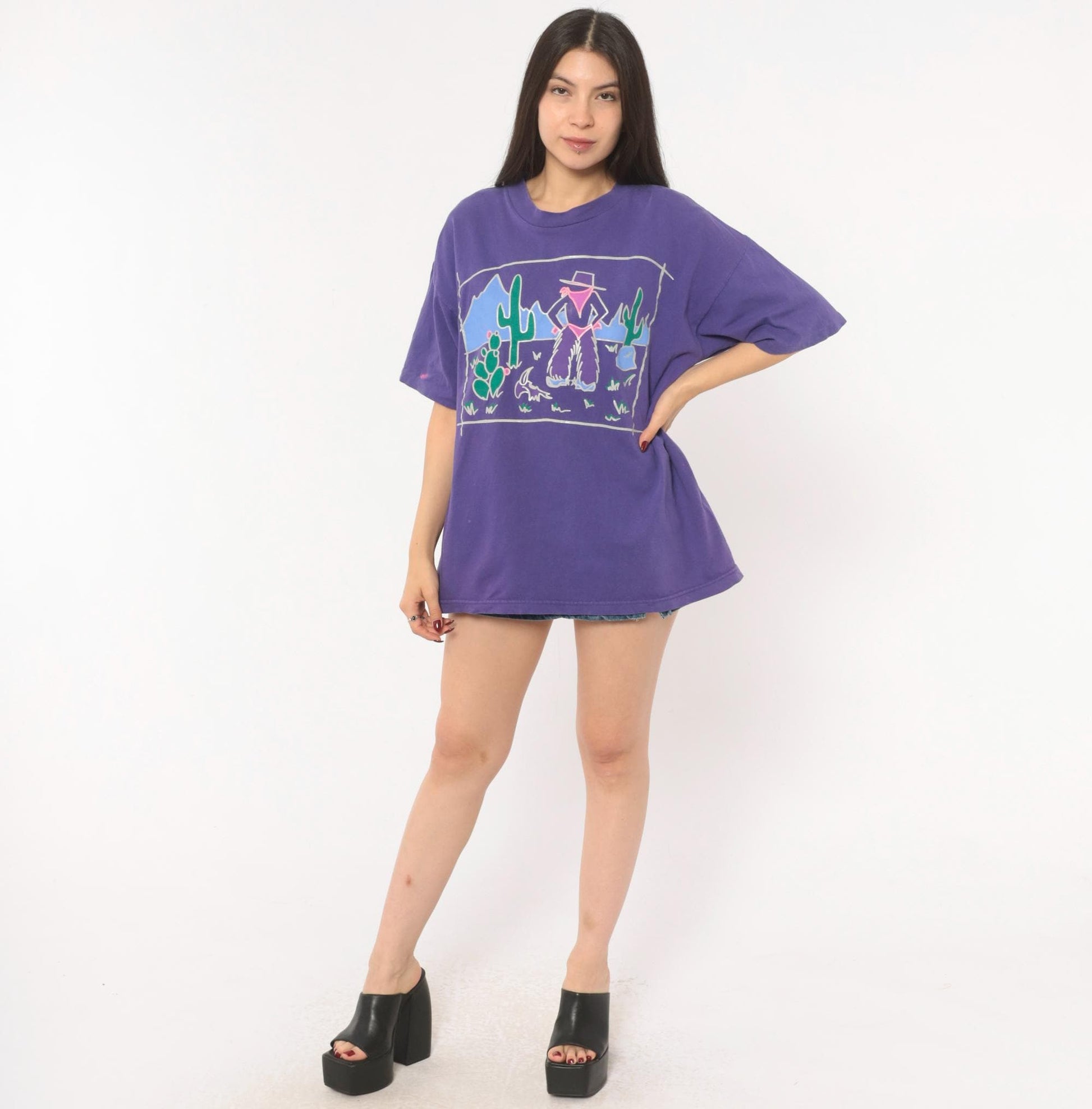90s Murina Purple Southwestern Cowgirl Cactus Graphic Tee Cotton Large