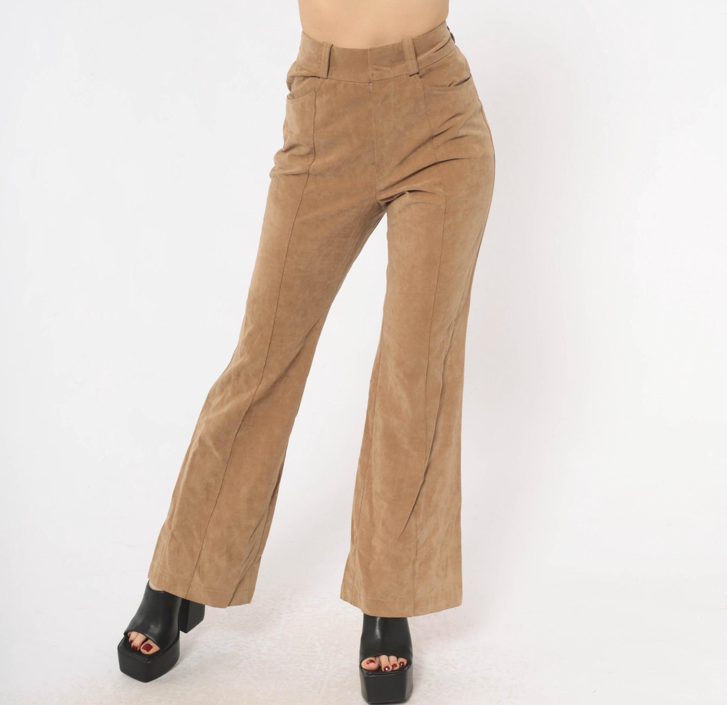 80s Lew Magram Faux Suede Flare Pants Tan High Waist Bell Bottom Small S