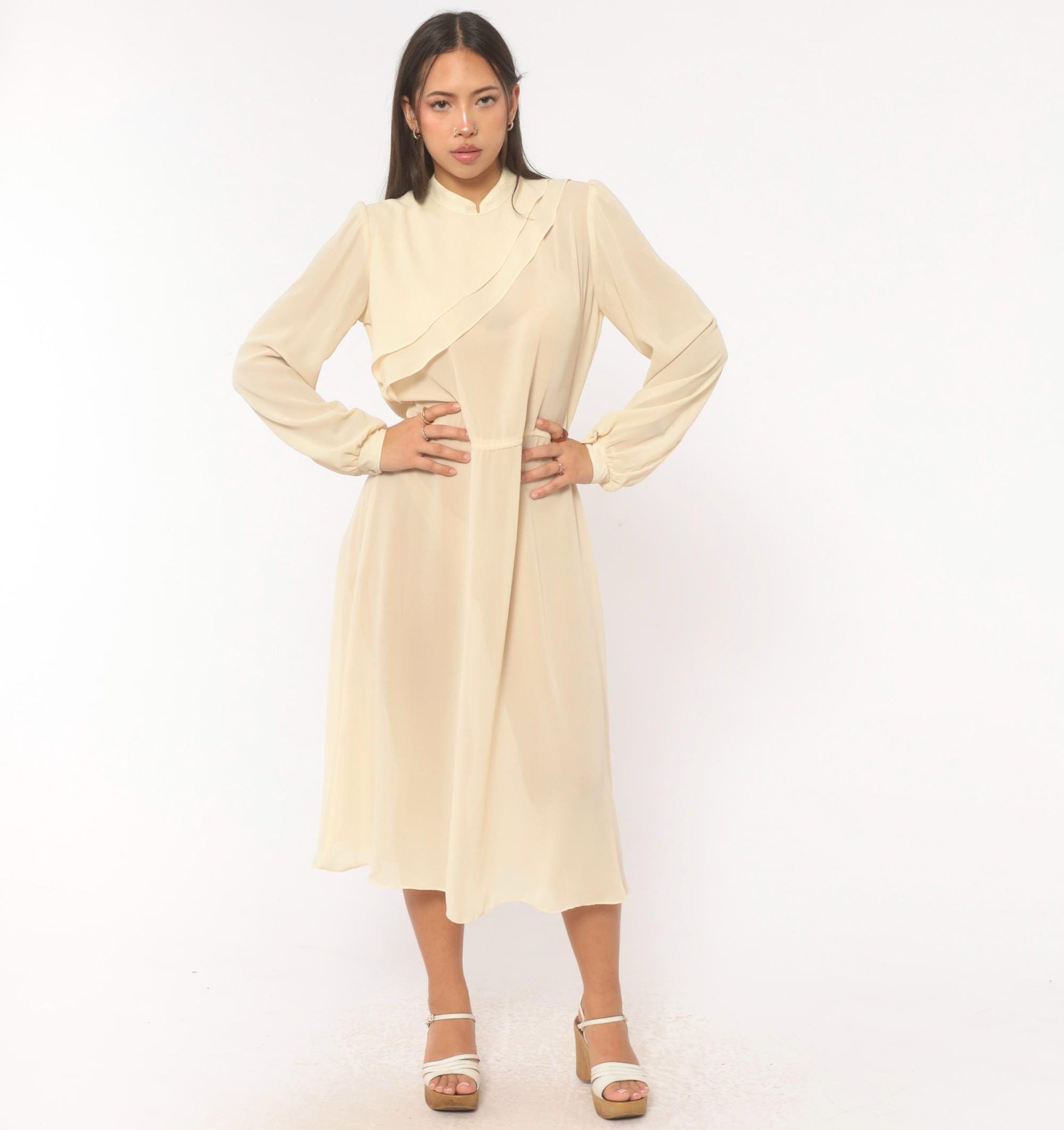 70s Jimmy Los Angeles Cream Chiffon Midi Dress Mandarin Collar Medium M