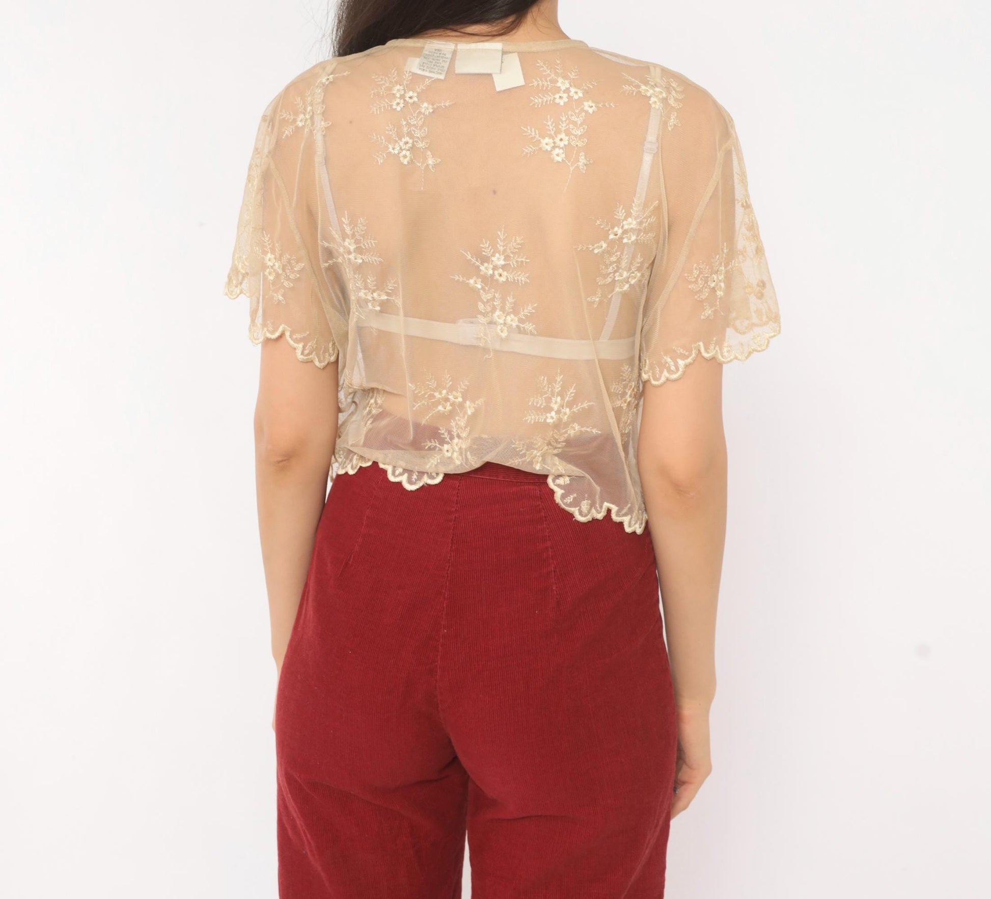 90s Newport News Embroidered Mesh Blouse Cream Floral V-Neck Small
