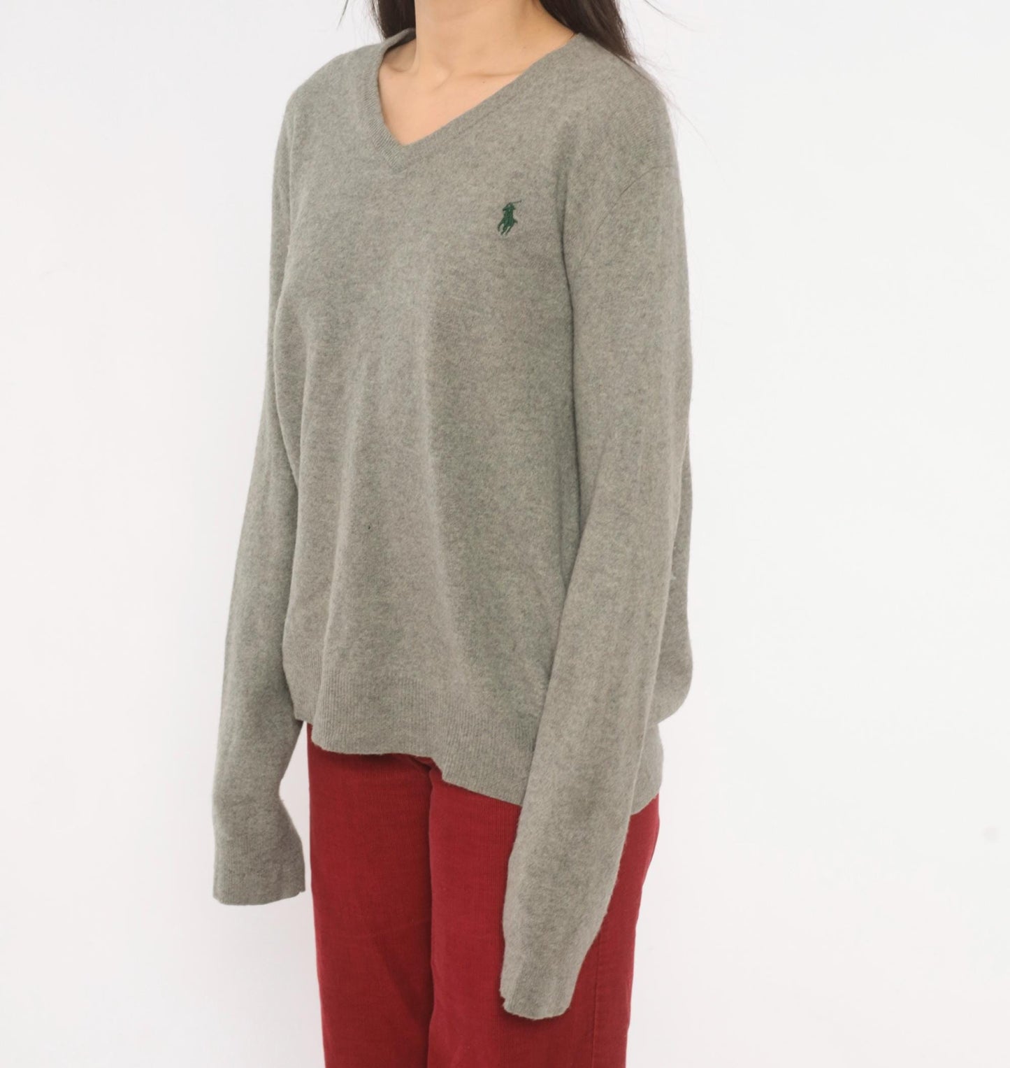 Y2K Ralph Lauren Grey Merino Wool V-Neck Sweater Distressed Large L