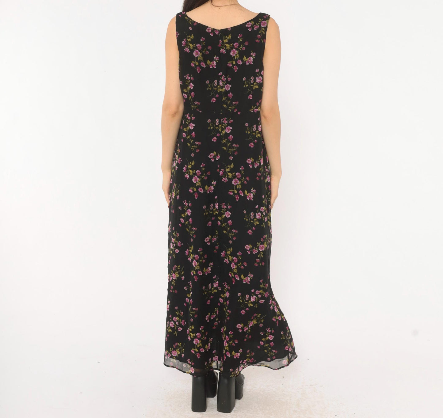 90s Robbie Bee Black Floral Silk Maxi Dress Purple Pink Scoop Neck Medium