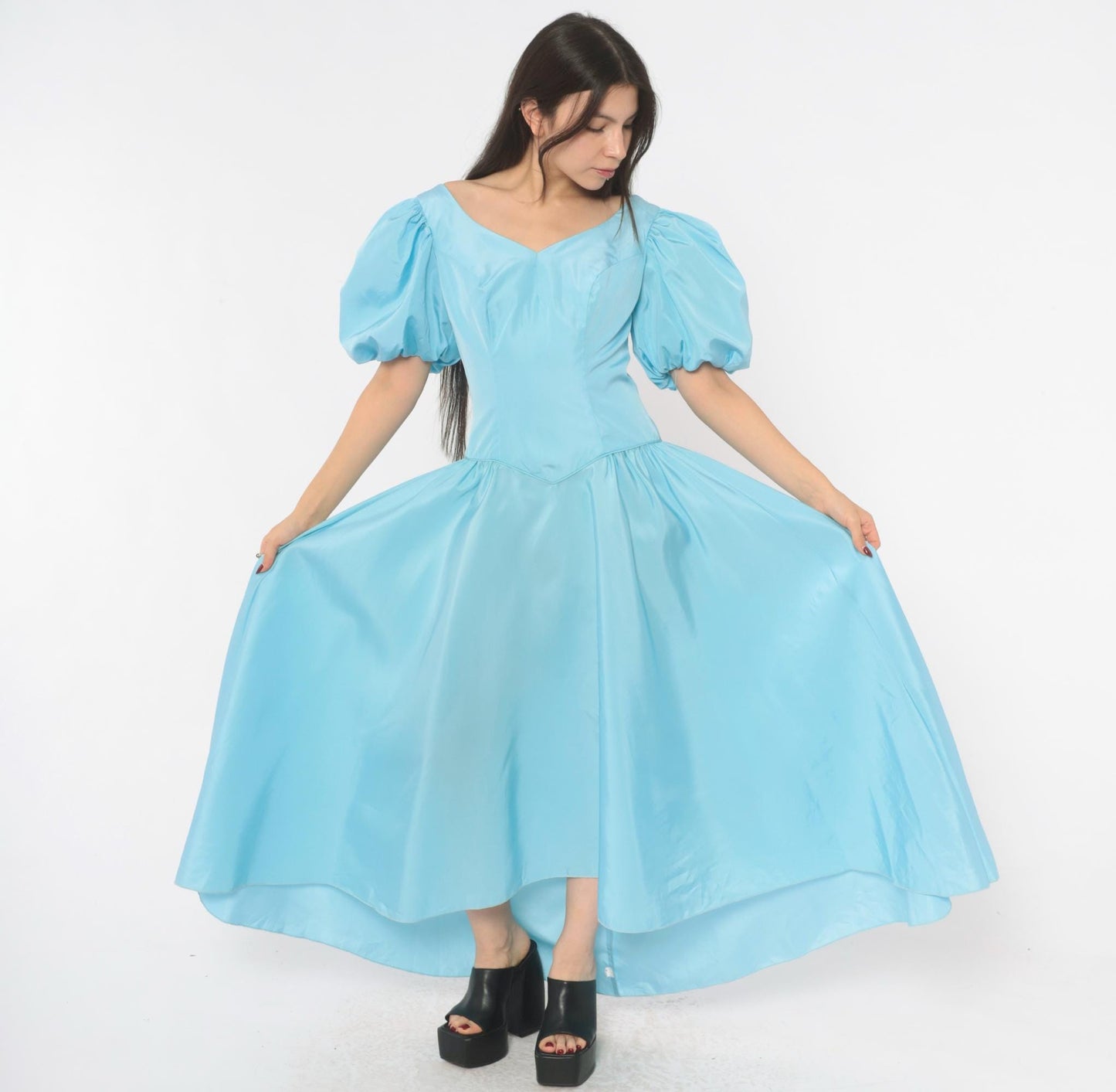 80s Sky Blue Puff Sleeve Gown Sweetheart Neckline Bow Back Maxi Medium M