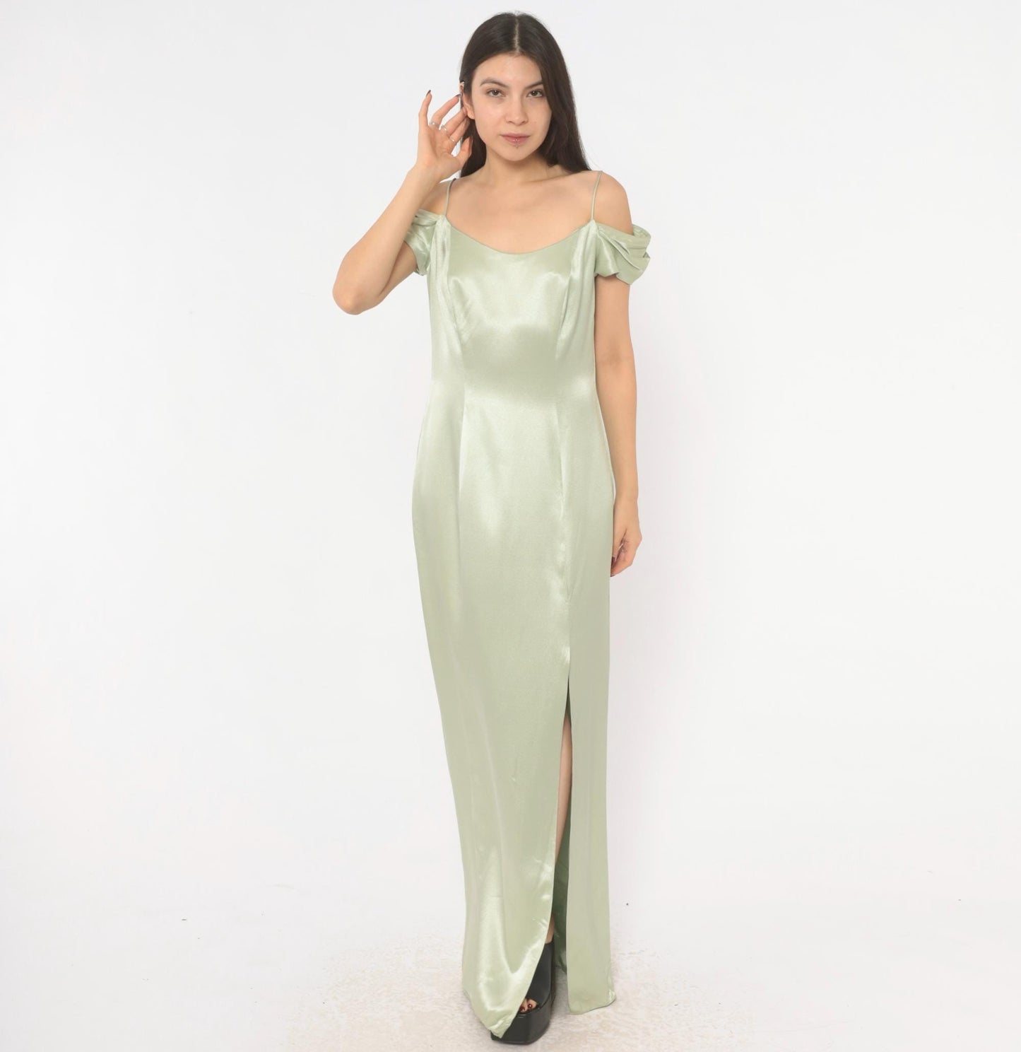 90s Bill Levkoff Sage Green Cold Shoulder Maxi Gown Medium M