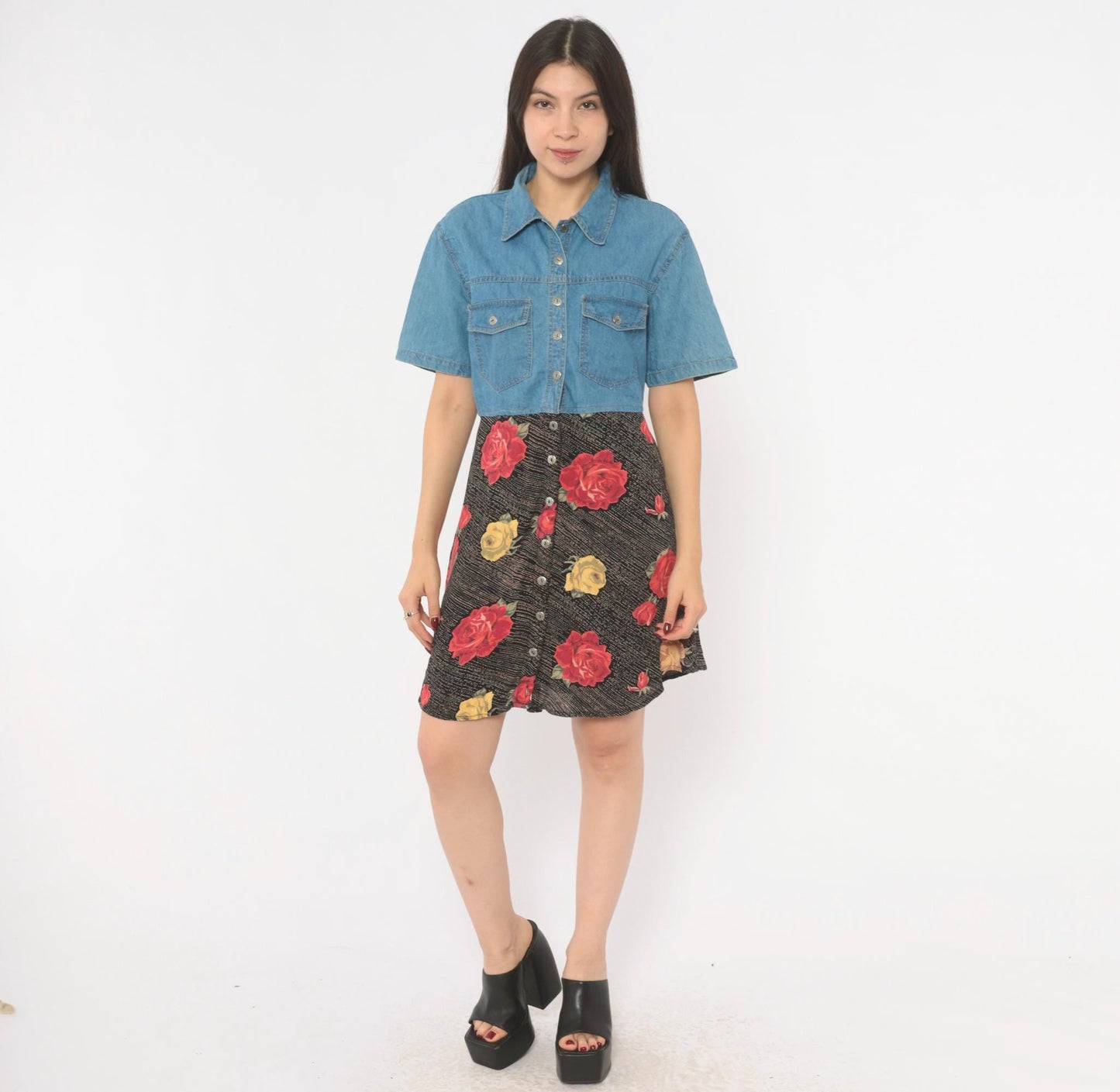90s M.P.H. Denim Floral Mini Dress Button Front Collared Medium M