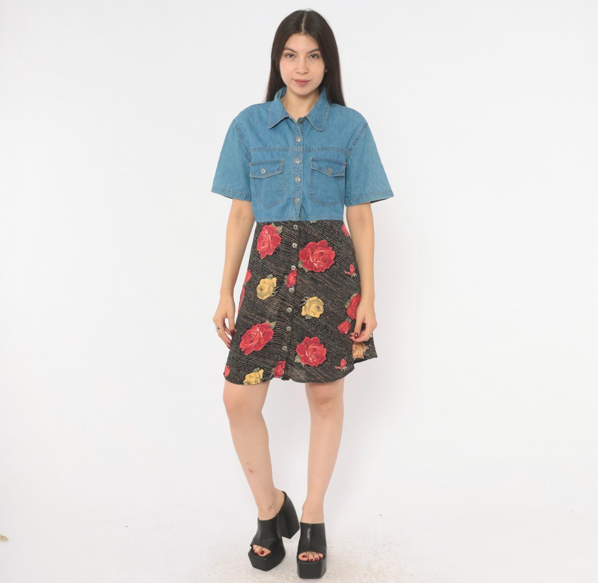 90s M.P.H. Denim Floral Mini Dress Button Front Collared Medium M