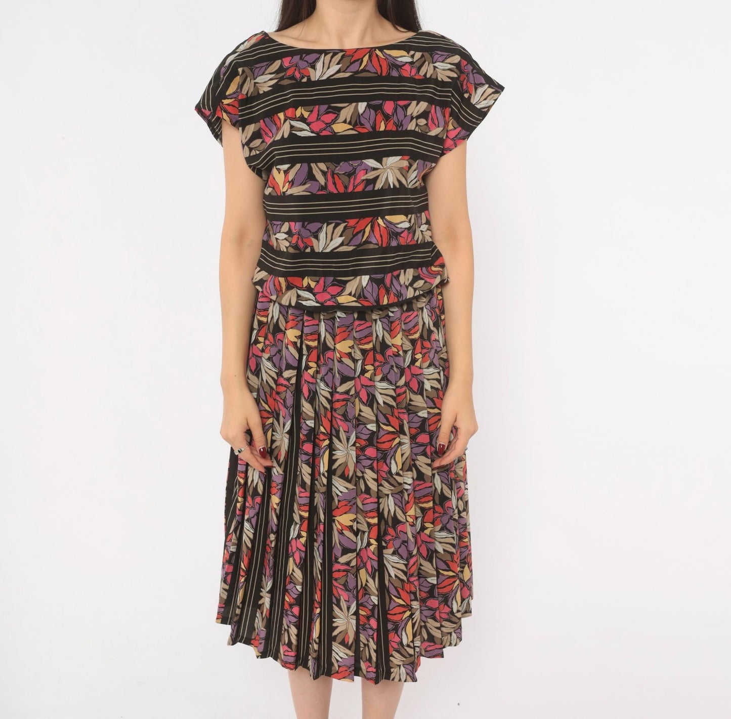 80s Secrets Botanical Leaf Print Midi Dress Black Cap Sleeve Drop Waist Small