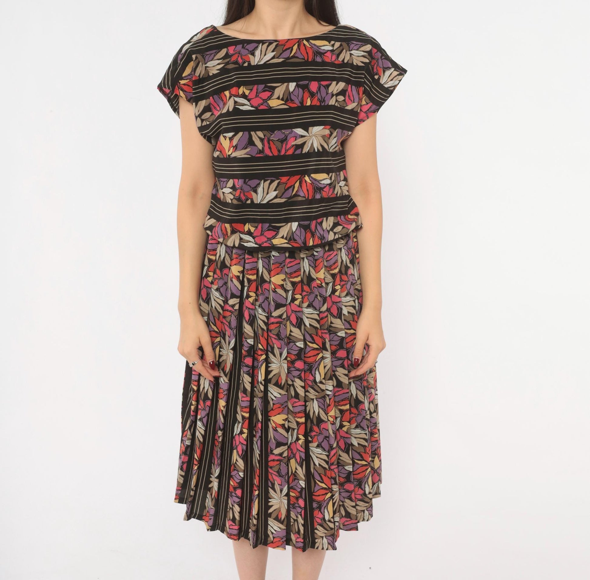 80s Secrets Botanical Leaf Print Midi Dress Black Cap Sleeve Drop Waist Small