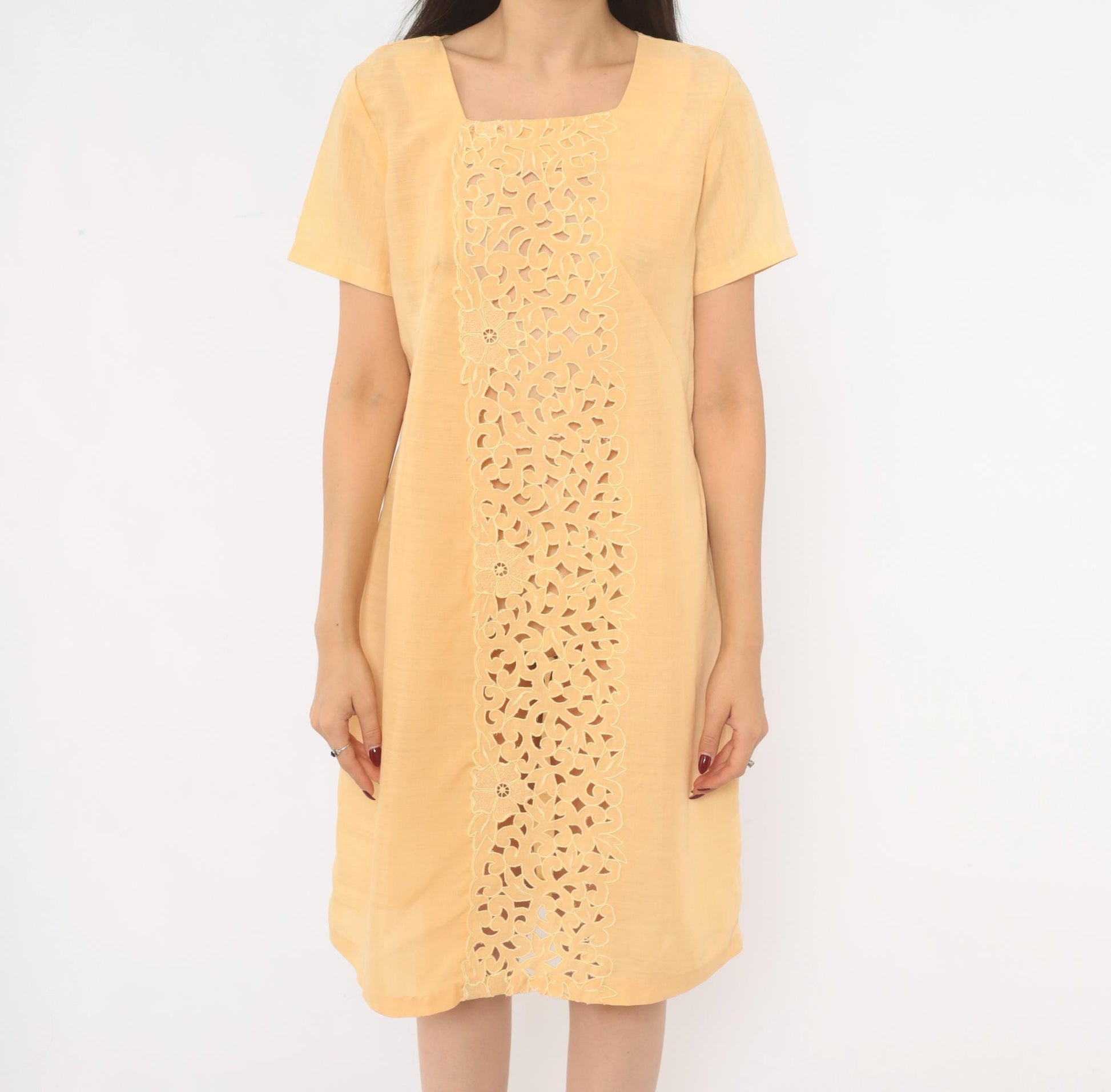 80s Peach Cutwork Lace Shift Dress Cotton Square Neck Floral Embroidered Small