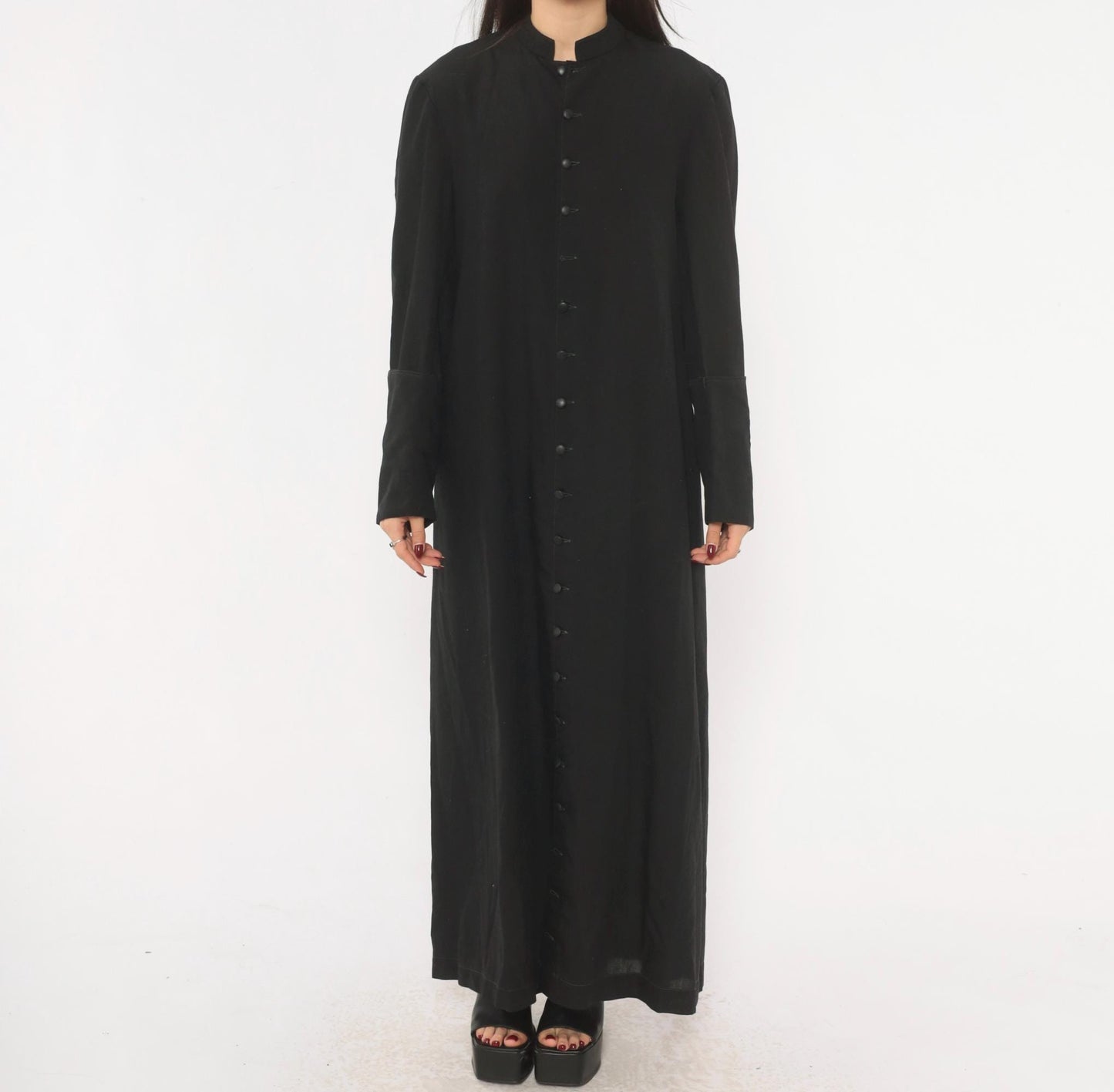 90s Black Maxi Dress Mandarin Collar Button Front Long Sleeve Medium