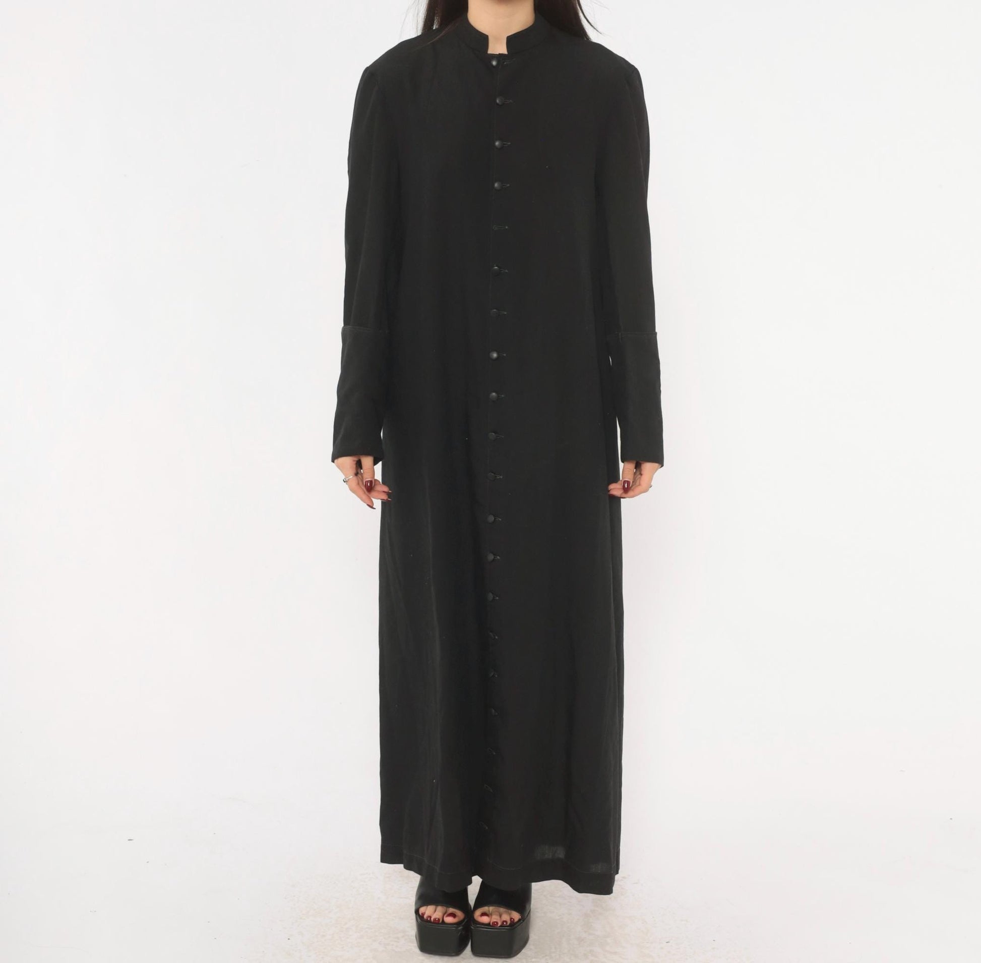 90s Black Maxi Dress Mandarin Collar Button Front Long Sleeve Medium