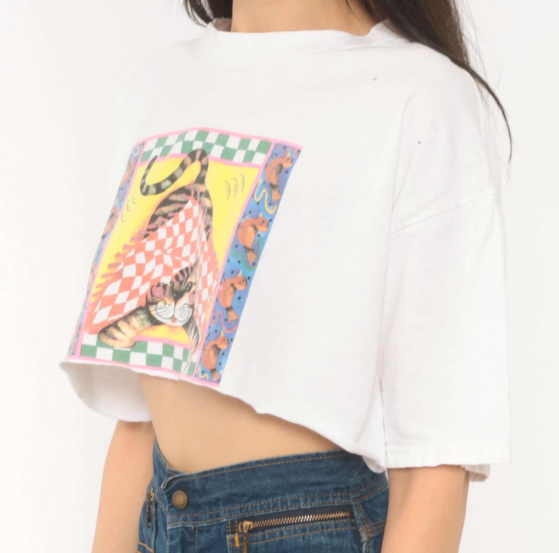 90s Fruit Of The Loom Cat Checkered Graphic Crop Top White Cotton Medium