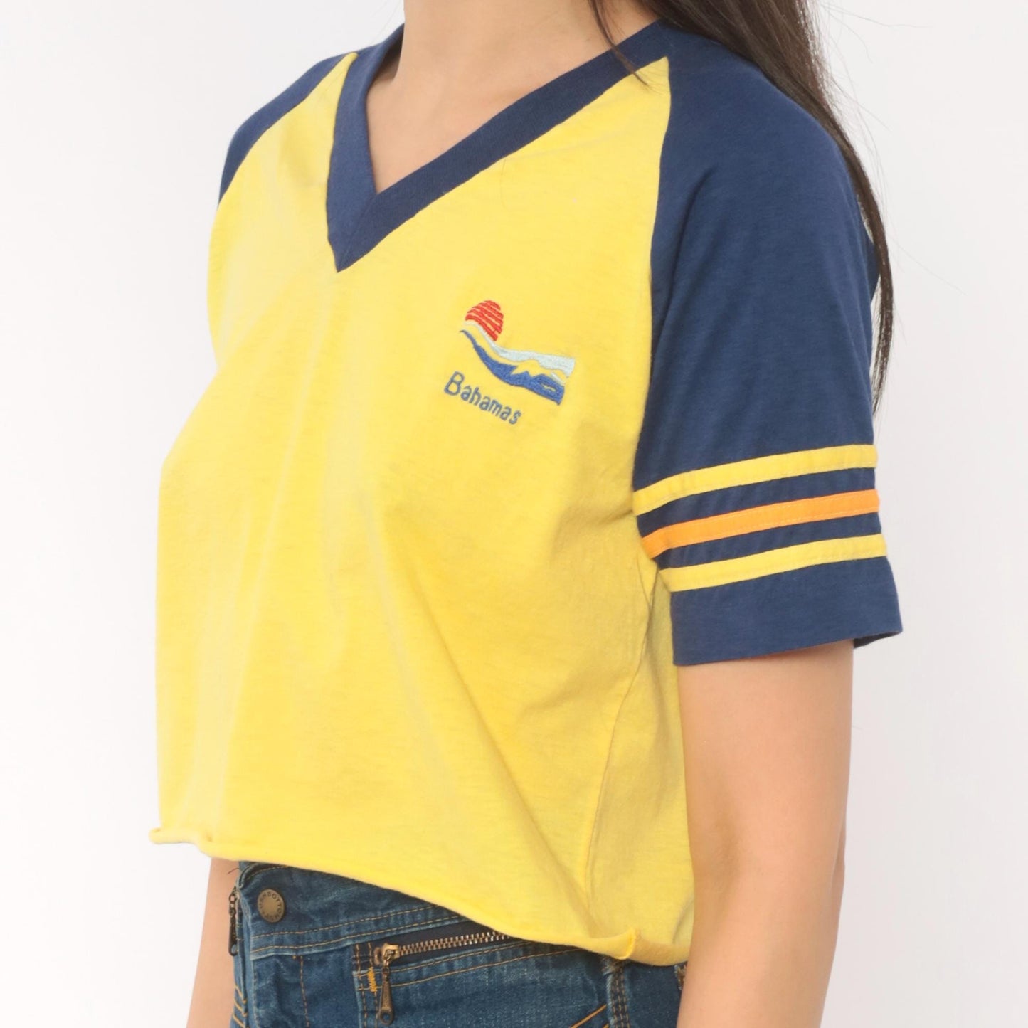 80s Windswept Bahamas Raglan Crop Top Yellow Navy Striped Small