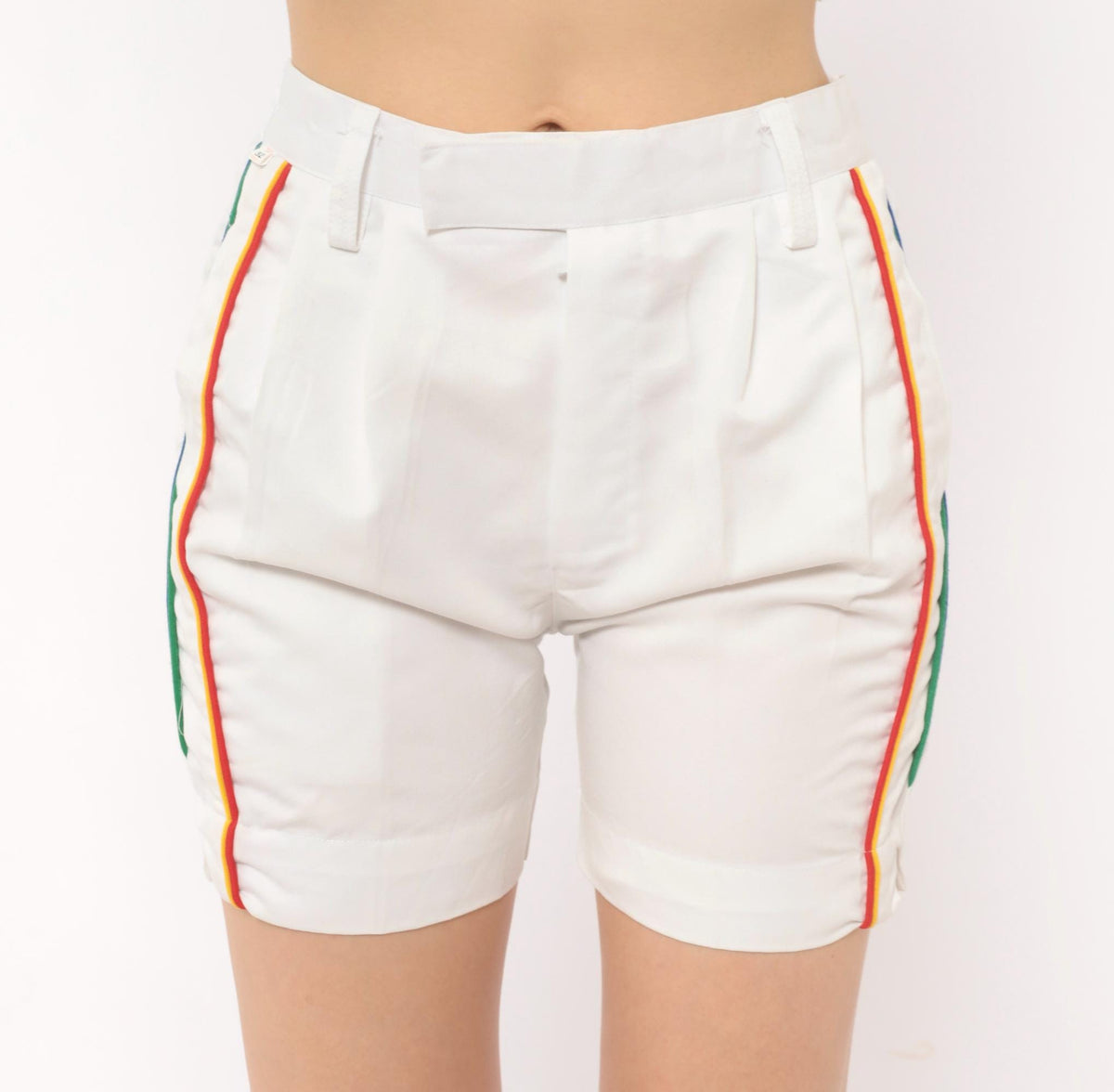 80s Rainbow Stripe White Cotton Bermuda Shorts High Waist Pleated Small S