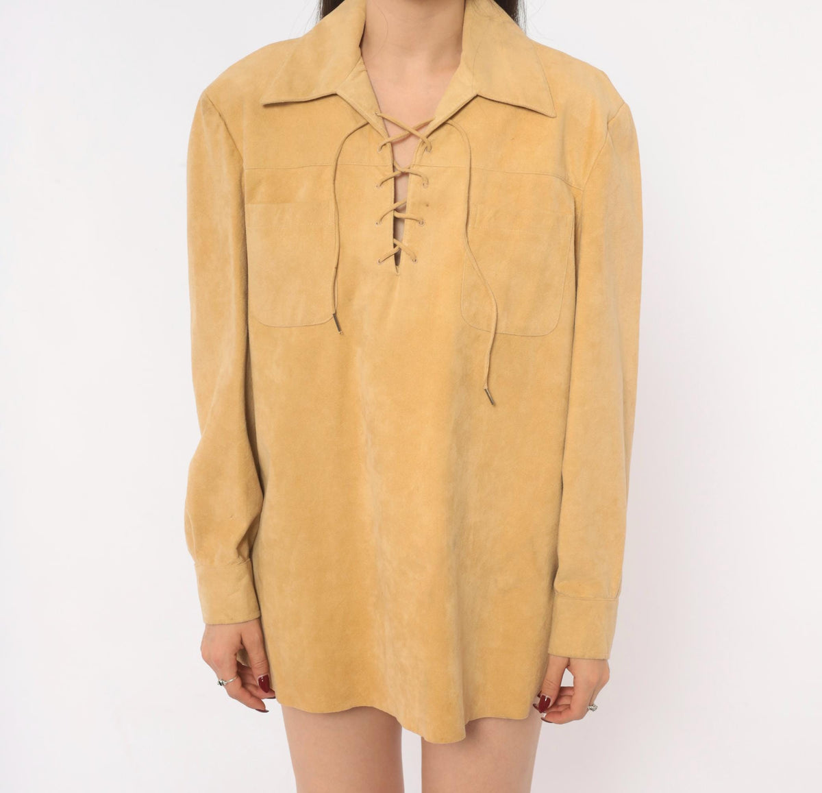 70s Tan Faux Suede Lace-Up Tunic Shirt Pointed Collar Long Sleeve Large L