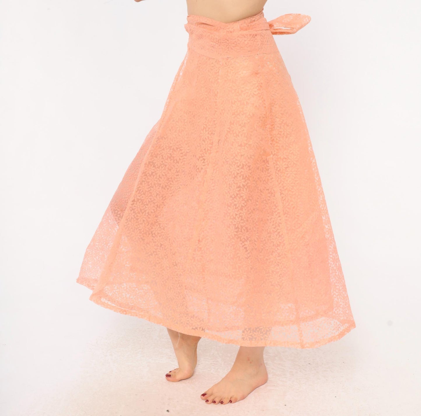 90s Peach Floral Lace Wrap Midi Skirt A-Line Daisy Sheer Medium to Extra Large