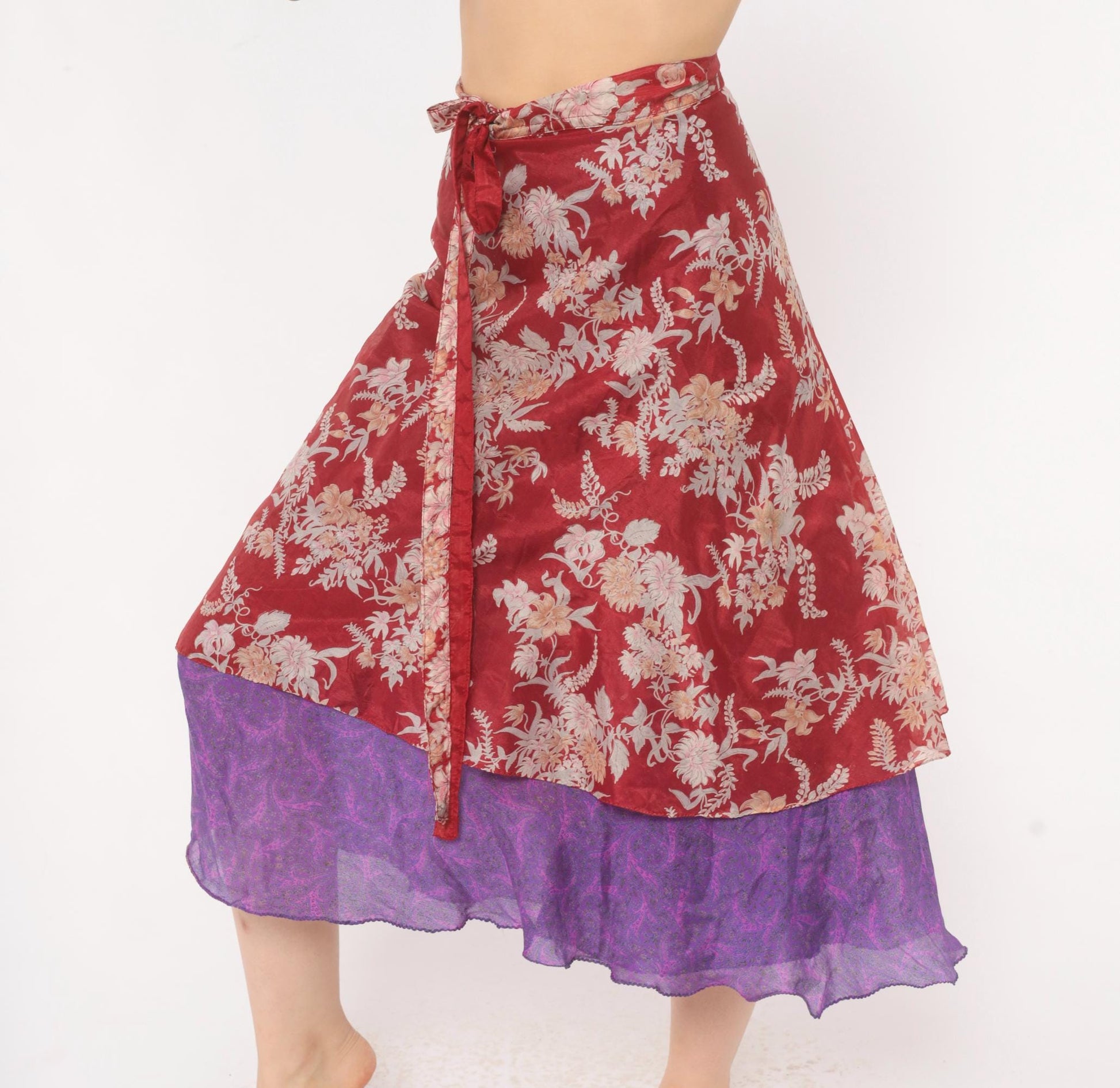 Y2K Kariza Silk Wrap Skirt Burgundy Floral Purple Double Layer Small Medium