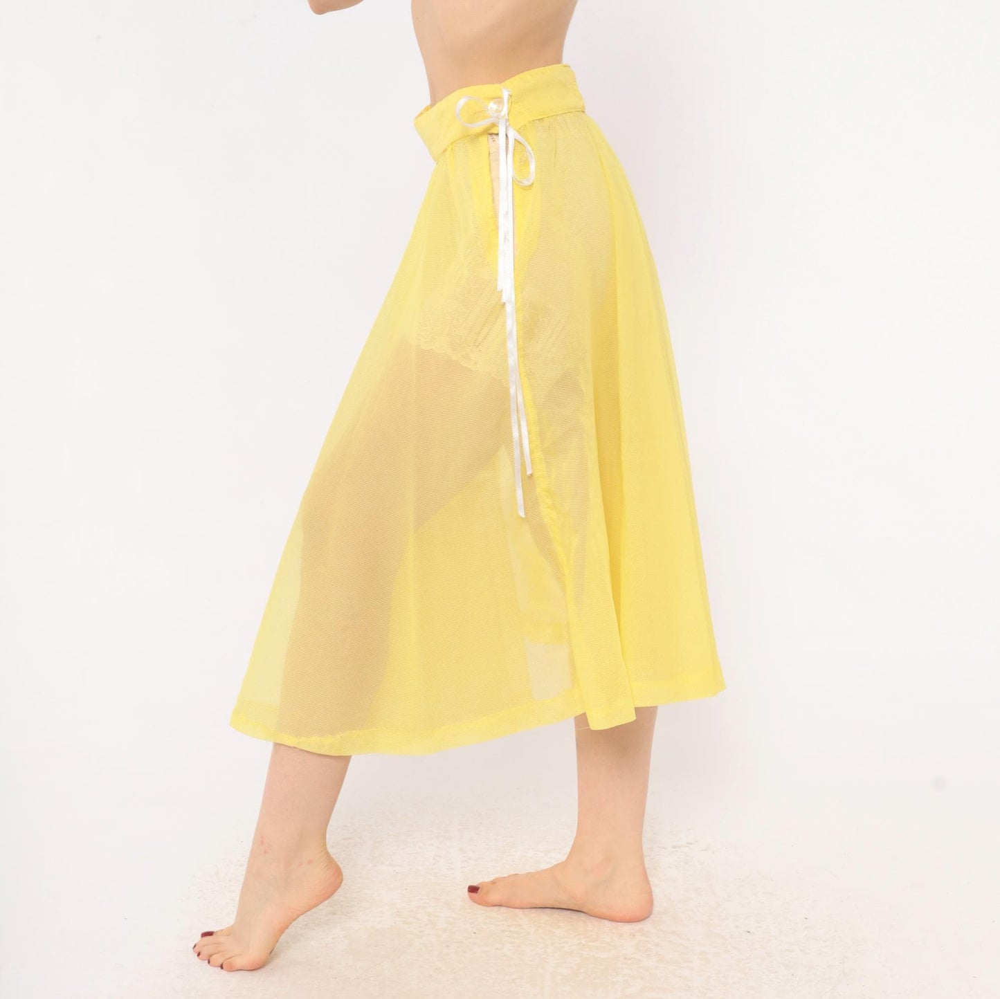 80s Yellow Sheer Circle Skirt Midi Ribbon Tie Lemon Chiffon Small
