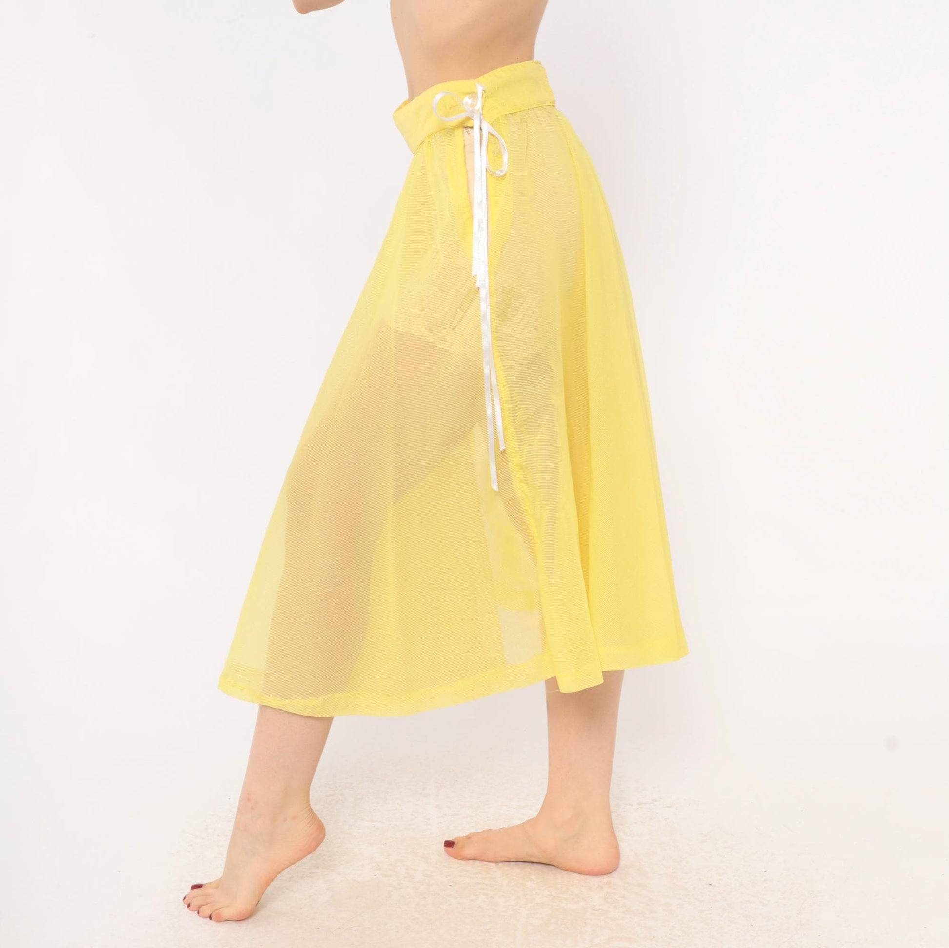 80s Yellow Sheer Circle Skirt Midi Ribbon Tie Lemon Chiffon Small