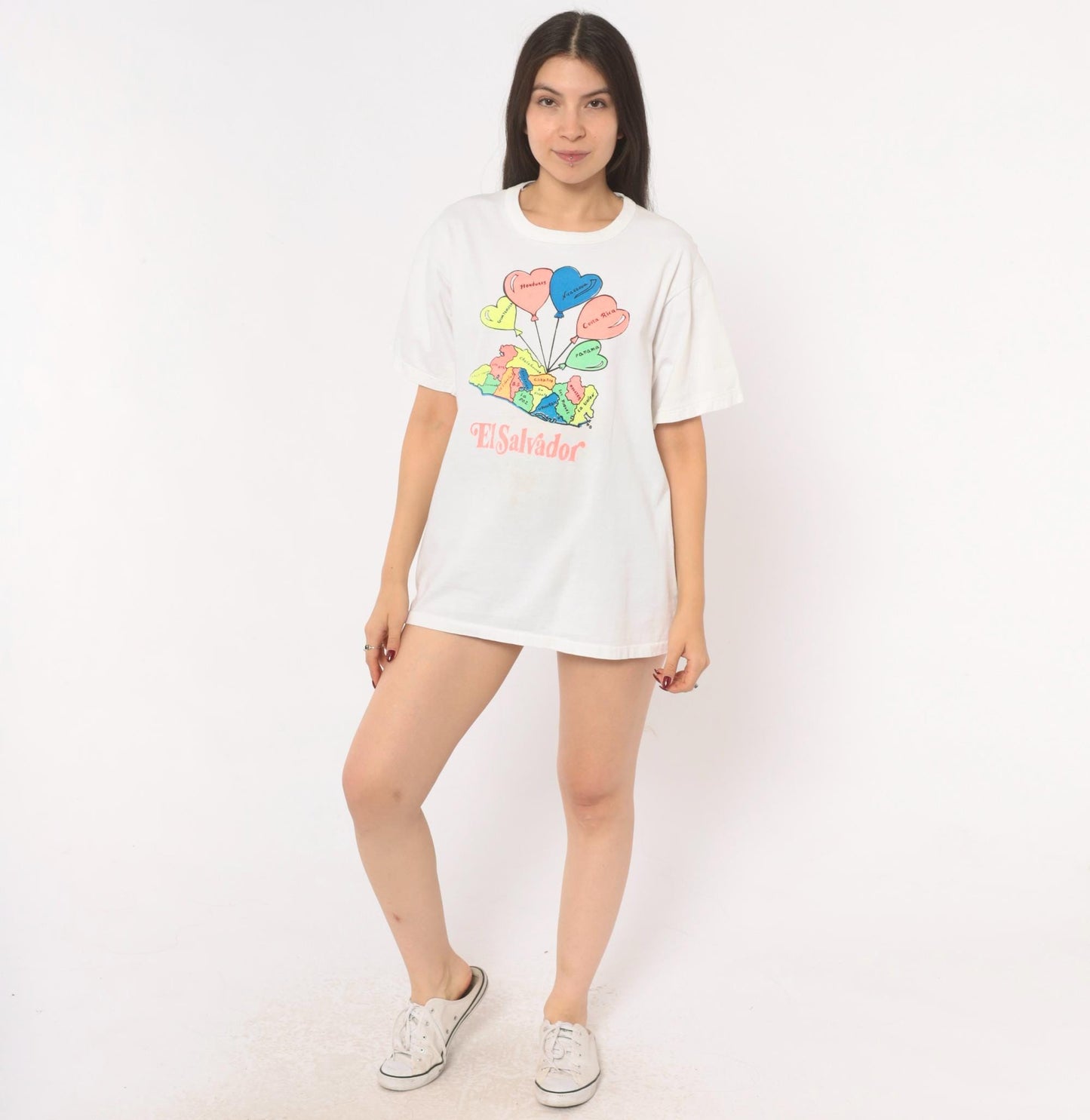 2000s El Salvador Map Heart Balloon Graphic White Cotton Tee Large L