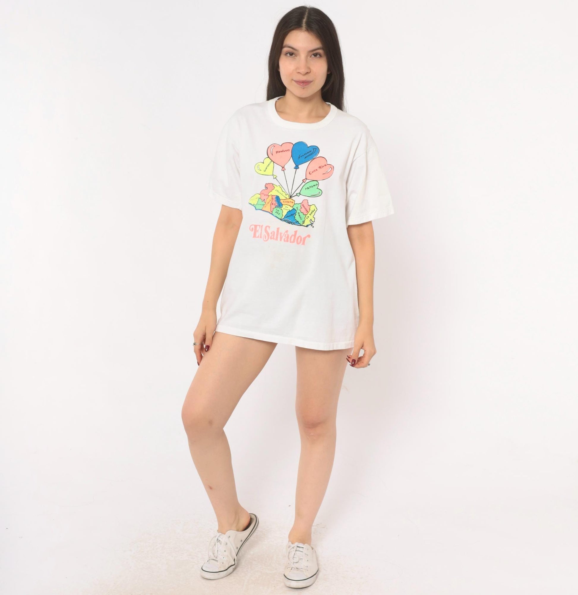 2000s El Salvador Map Heart Balloon Graphic White Cotton Tee Large L