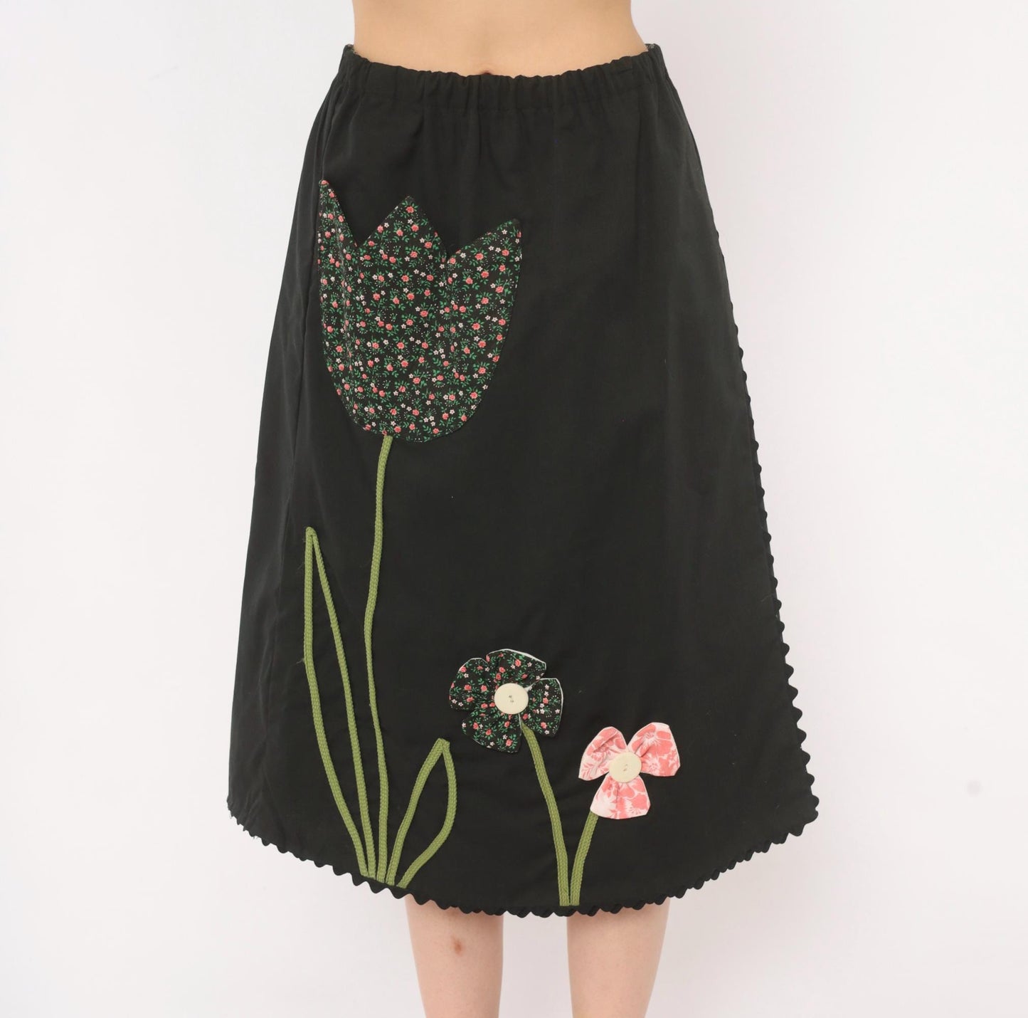 70s Black Floral Midi Skirt Tulip Pocket Patchwork A-Line Small