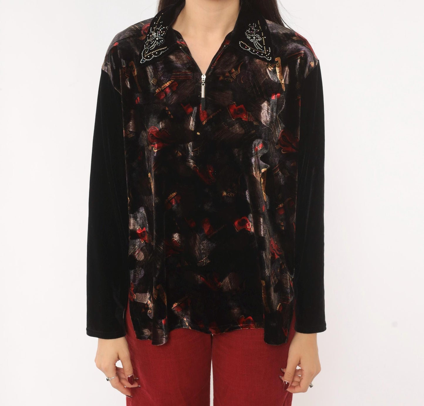 90s Black Velvet Blouse Rhinestone Collar Painterly Print Long Sleeve Medium M