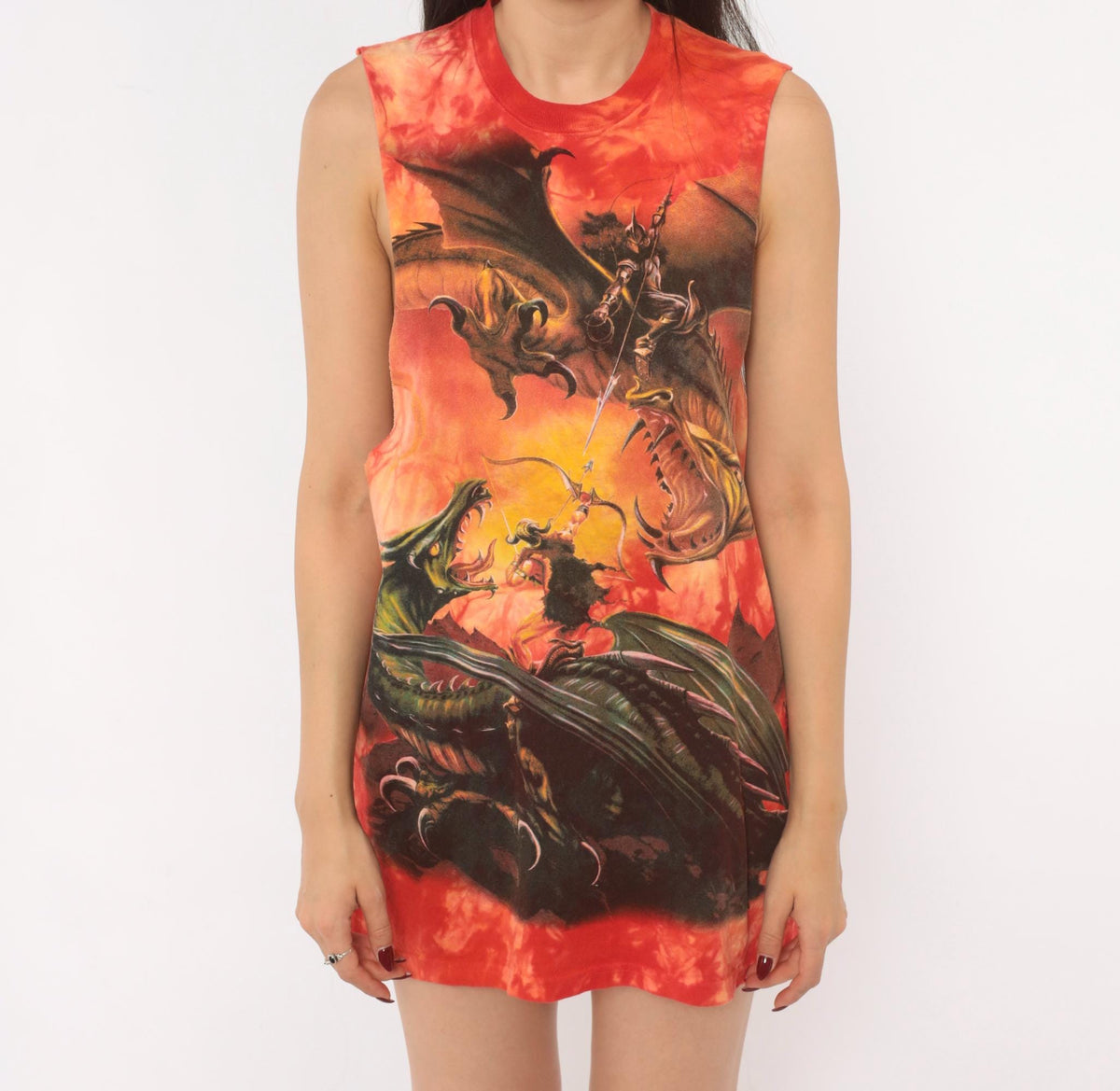 Y2K The Mountain Dragon Battle Tie Dye Muscle Tank Red Orange Medium M