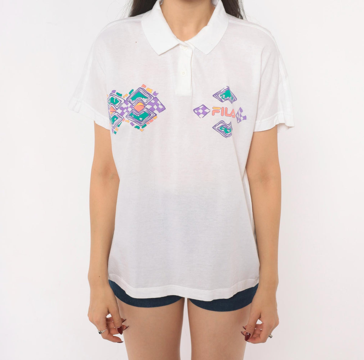 80s Fila Geometric Polo White Cotton Diamond Pattern Large