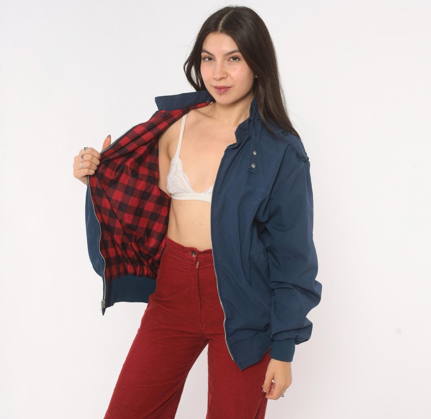 80s King Louie Navy Harrington Bomber Jacket Buffalo Plaid Lined Large L