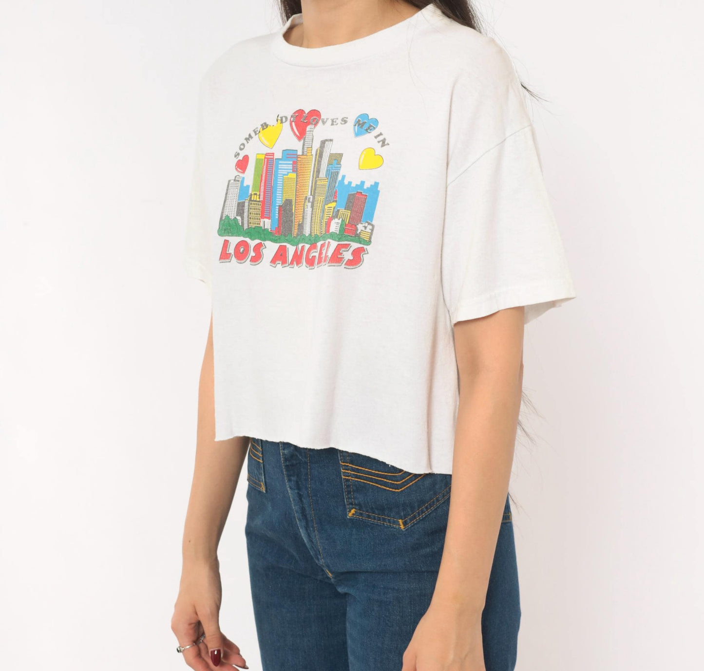 2000s Delta Crop Tee Los Angeles Skyline Hearts White Small