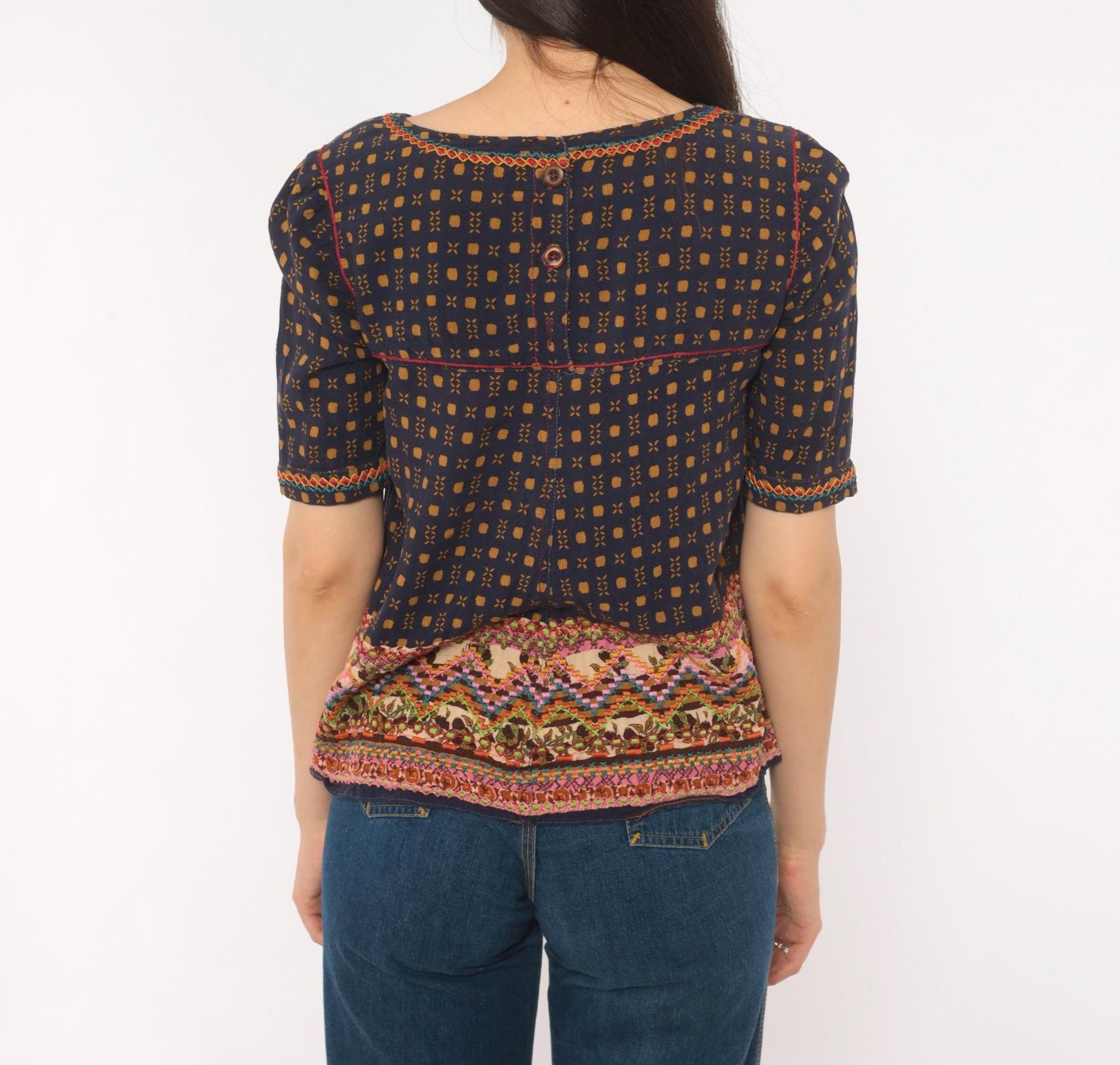 Y2K Holding Horses Embroidered Folk Art Blouse Tan Navy Geometric Cross Stitch Extra Small