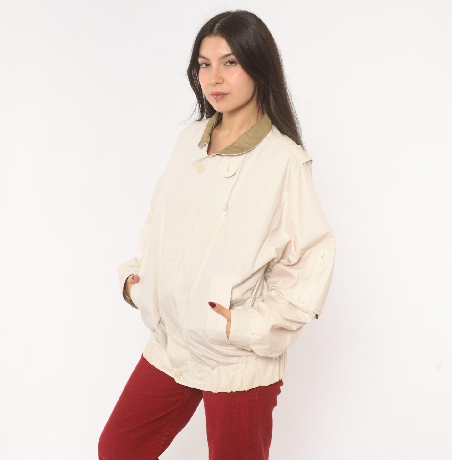 90s London Fog Windbreaker Jacket Cream Tan Collar Medium M
