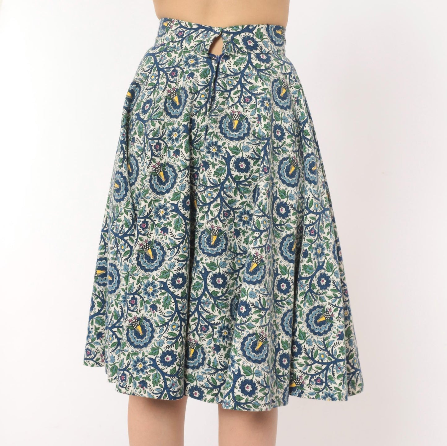 1950s Peacock Bird Circle Skirt Cotton Floral High Waist Blue Ivory Extra Small XS