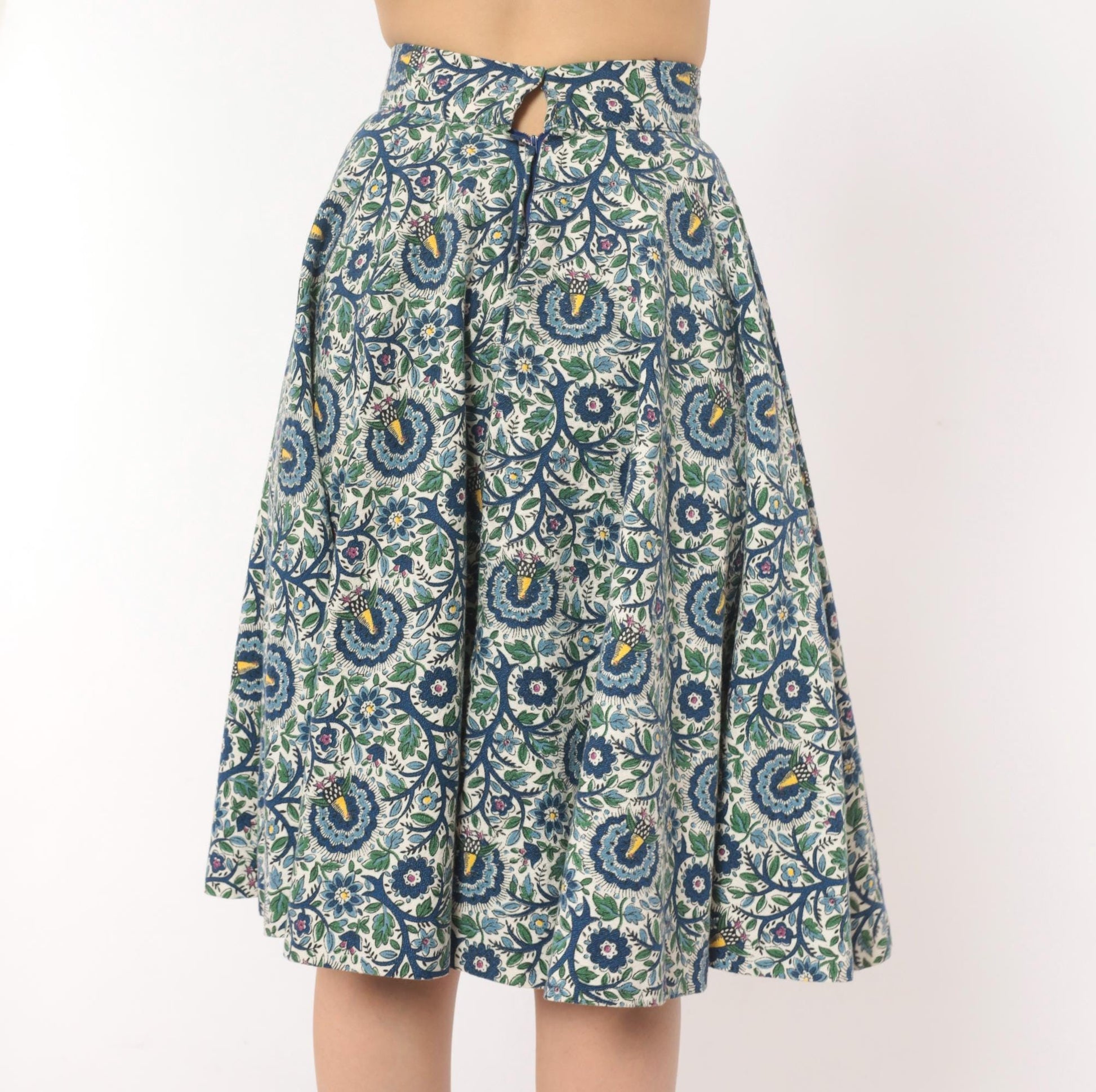 1950s Peacock Bird Circle Skirt Cotton Floral High Waist Blue Ivory Extra Small XS