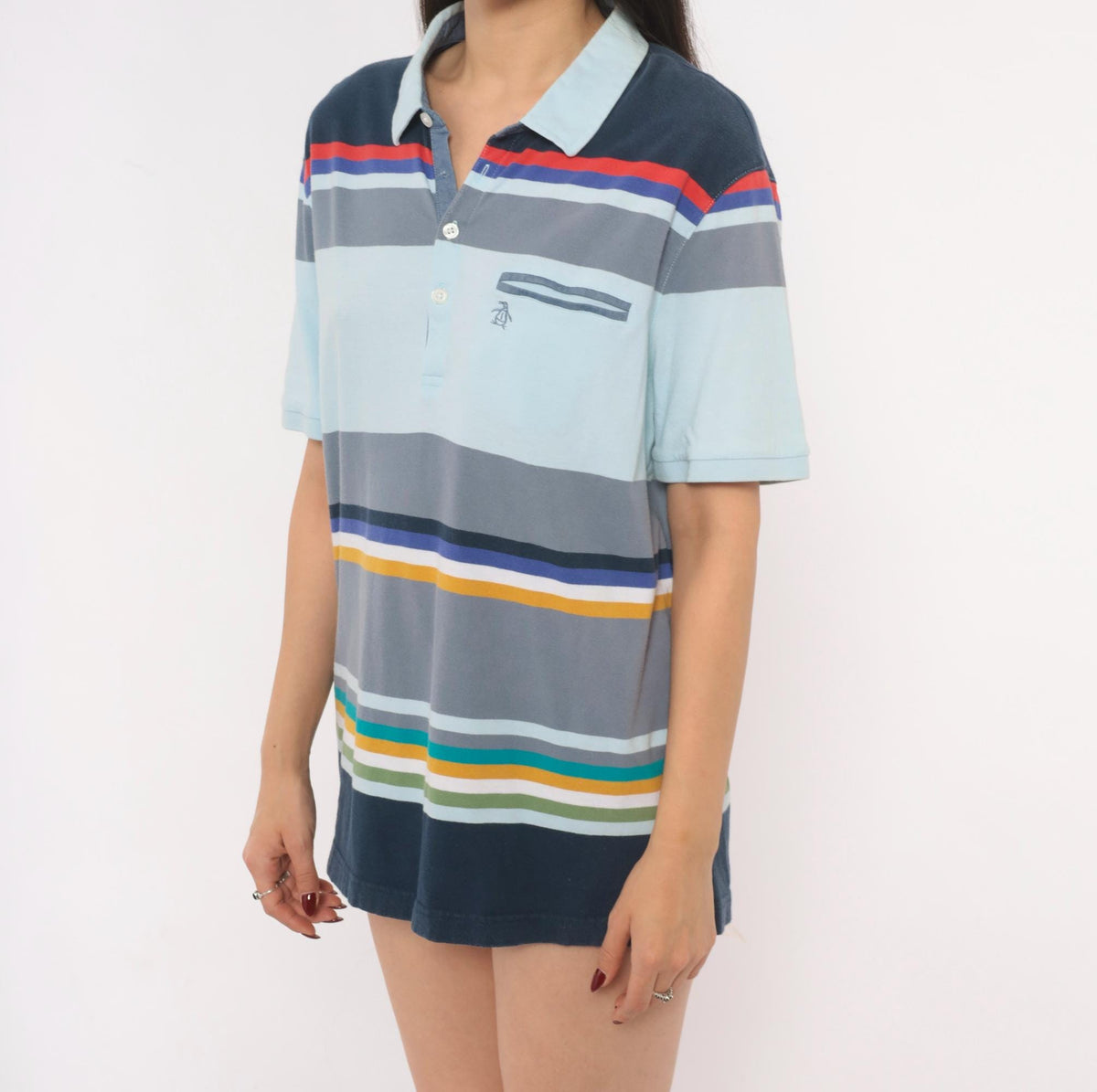Y2K Penguin Striped Polo Cotton Collared Shirt Multicolor Large L