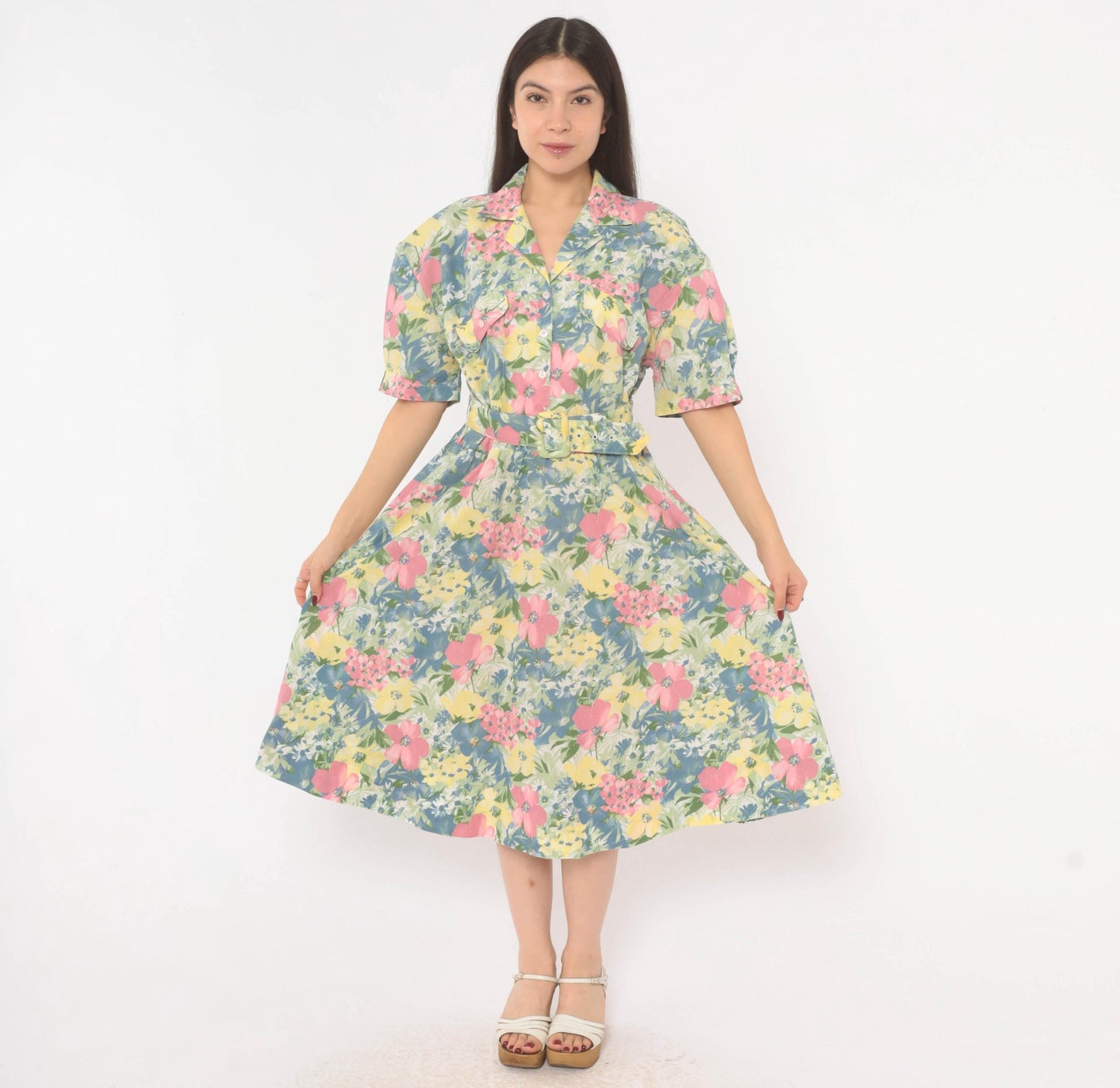 80s Cabrais Floral Midi Shirtdress Puff Sleeve Belted Pink Garden Medium