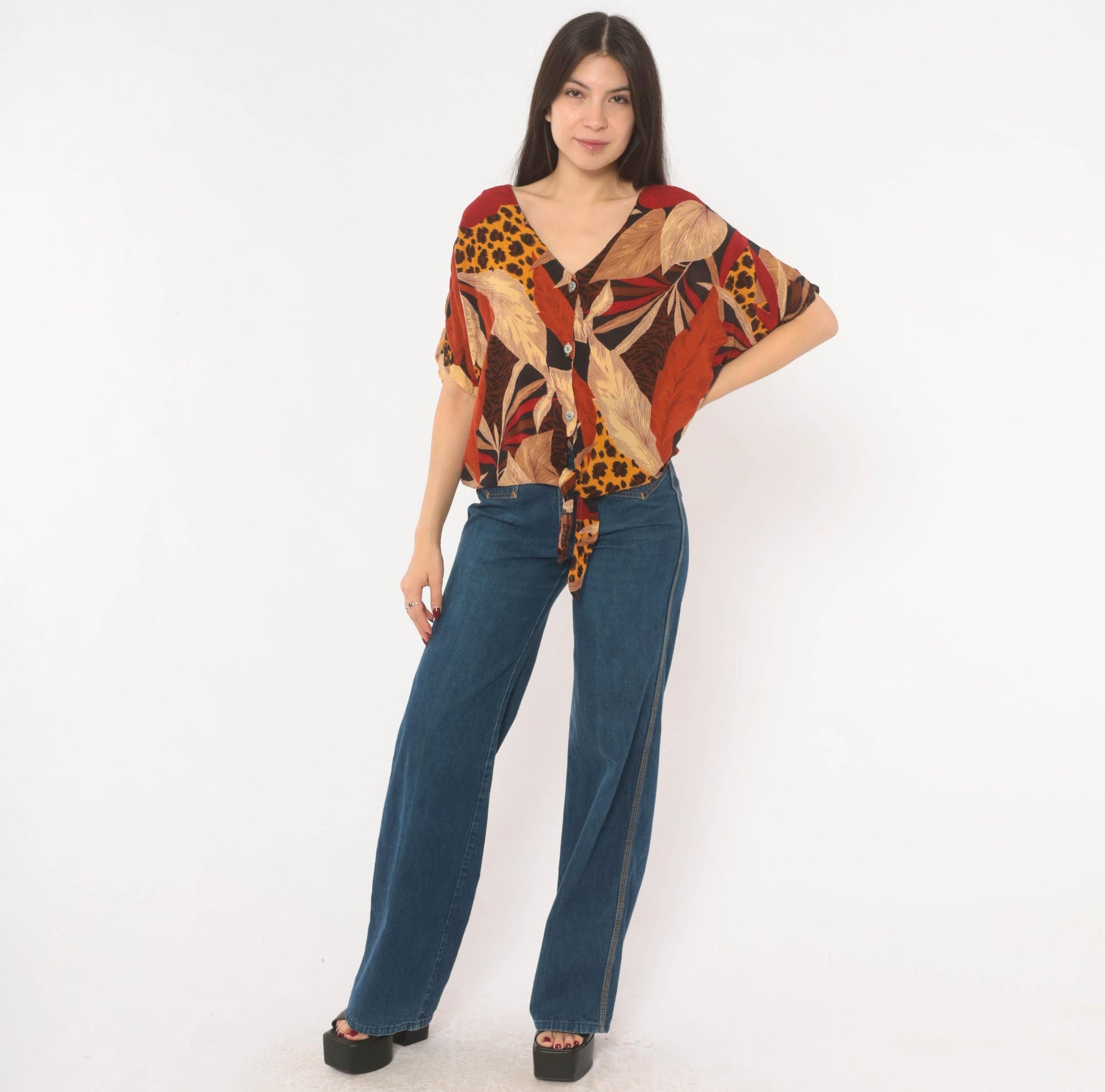 90s Options Melrose Tropical Leopard Button Blouse Tie Front Large L