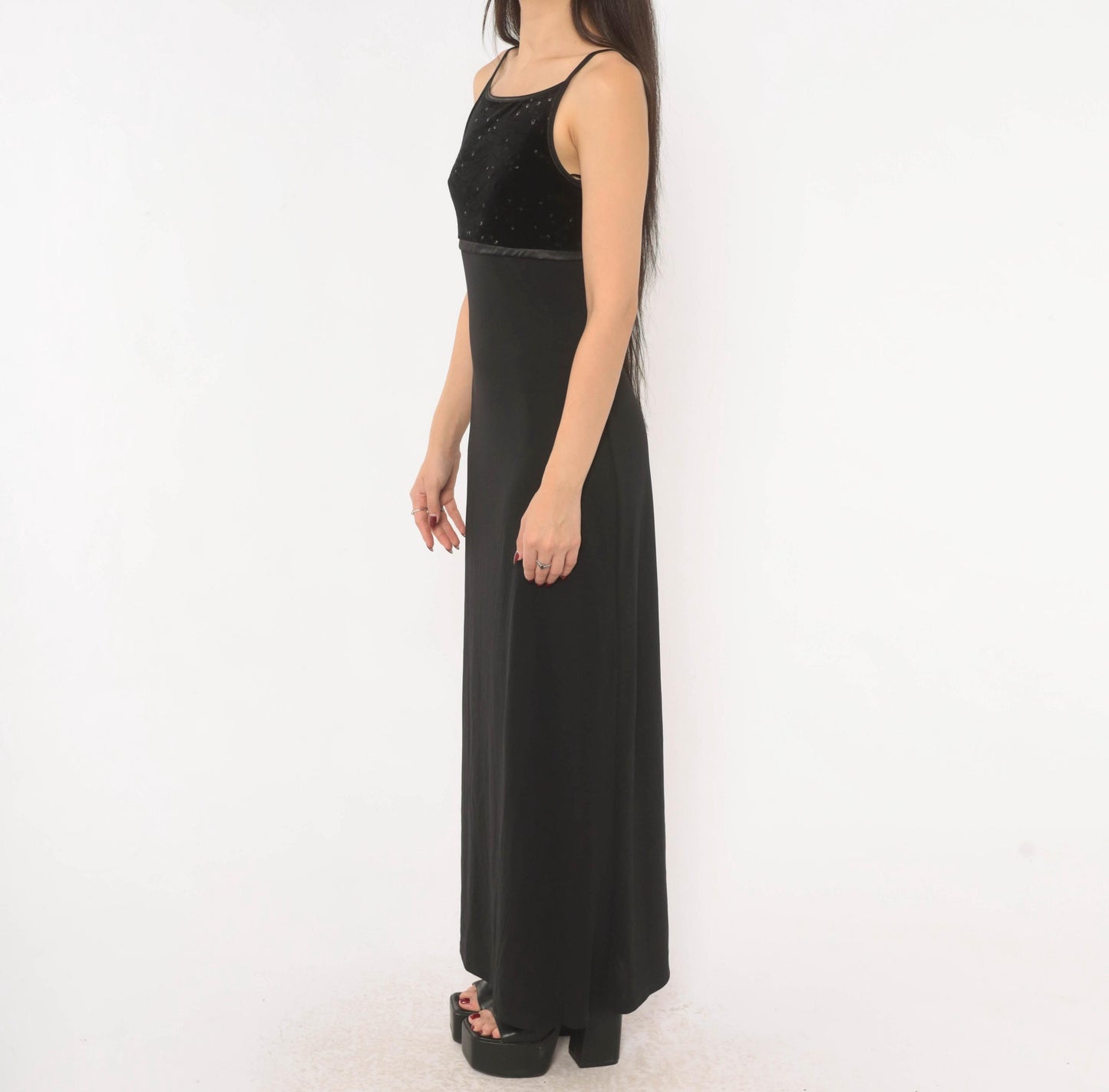 2000s I.N. San Francisco Black Velvet Maxi Dress Empire Waist Spaghetti Strap Small