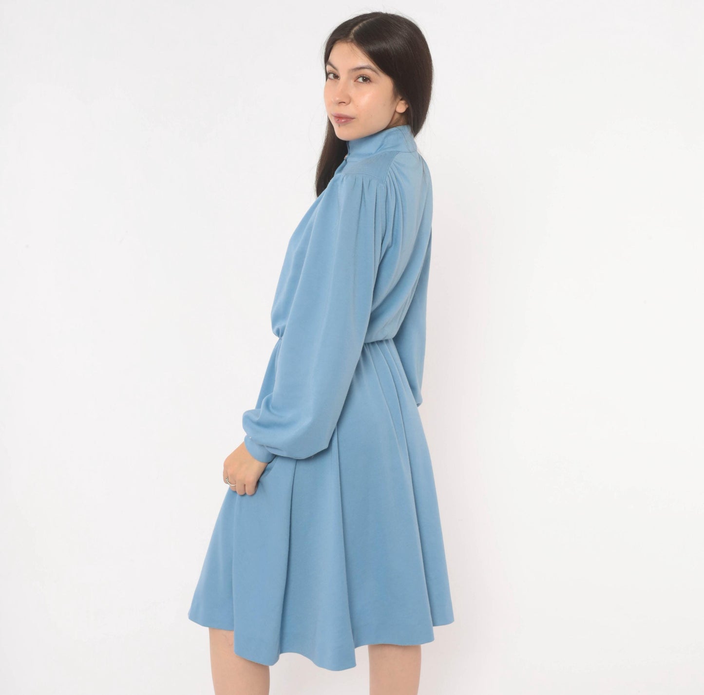 70s Sky Blue Sunshine Alley Dress Bishop Sleeve Quilted Yoke Knee Length Medium M