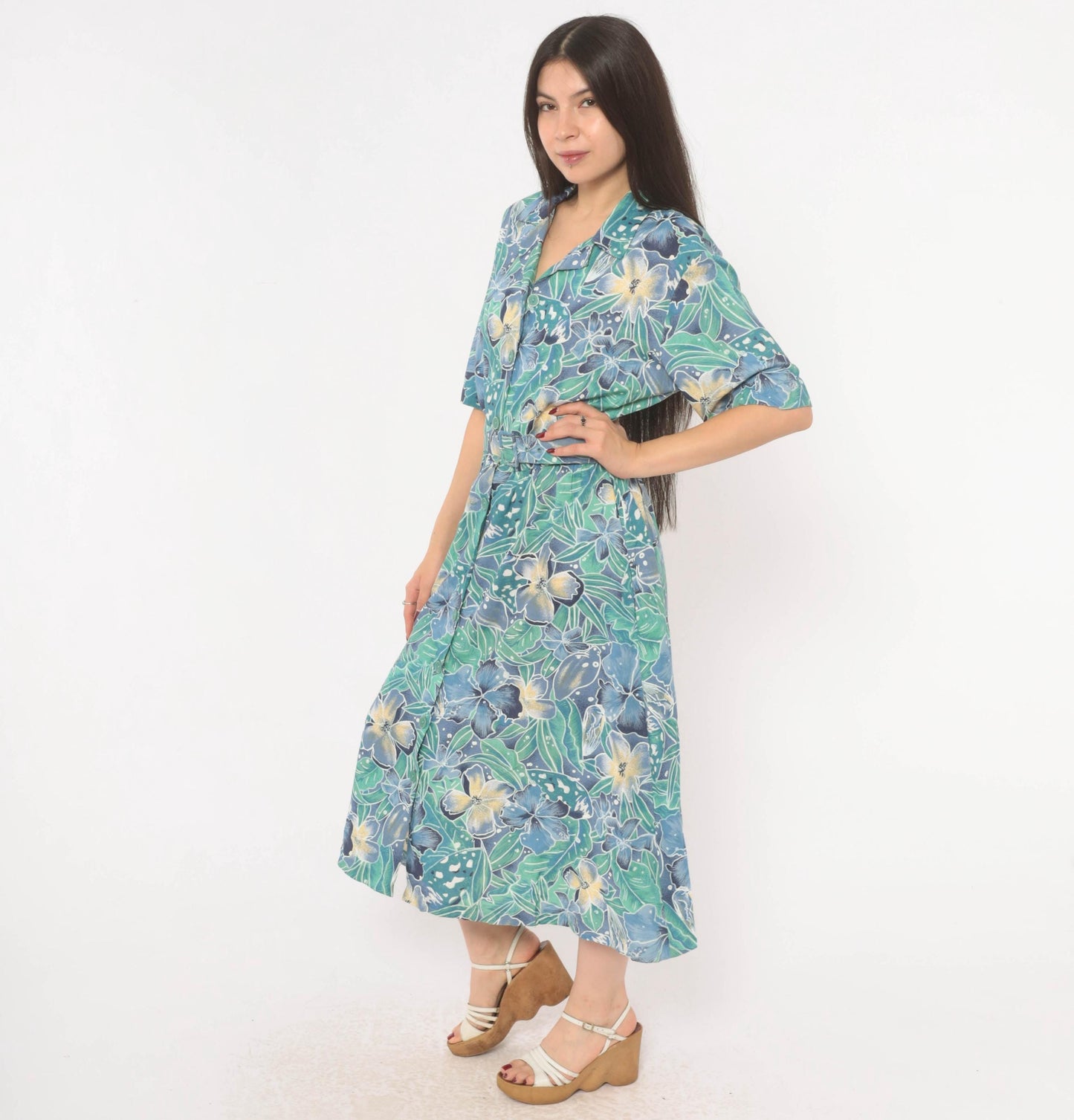 80s Elinor Carolina Maid Tropical Floral Shirtdress Blue Midi Medium
