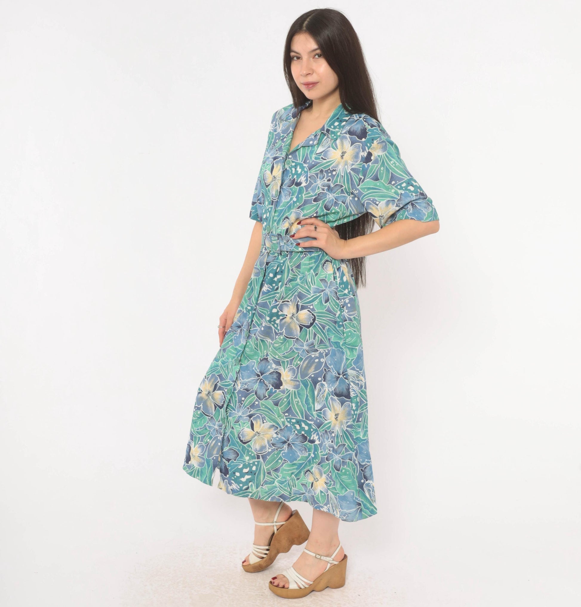 80s Elinor Carolina Maid Tropical Floral Shirtdress Blue Midi Medium